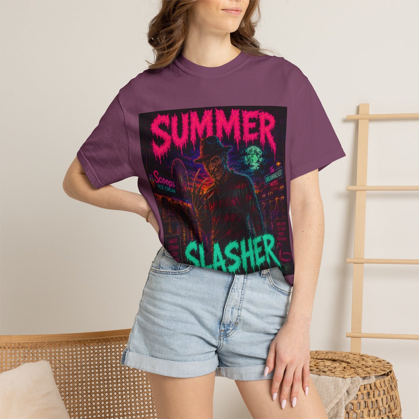 Summer Slasher T-Shirt Freddy — Neon Retro Horror Tee
