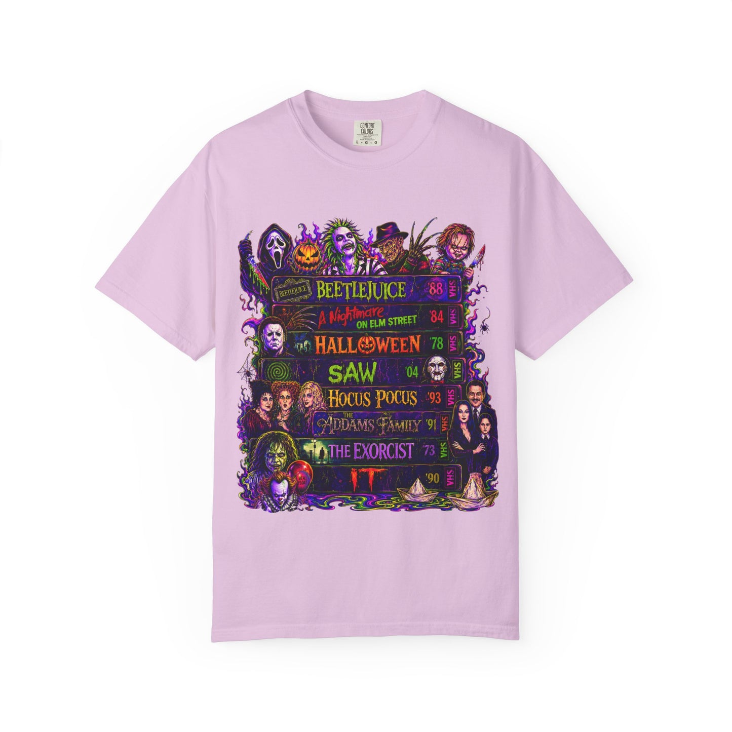 Halloween Horror Movies T-Shirt — Classic Scary Film Collage (Beetlejuice, Hocus Pocus, IT, Halloween)