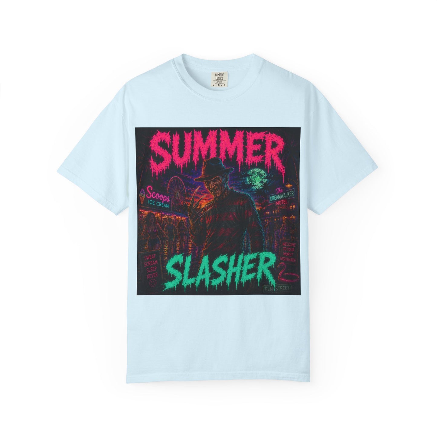Summer Slasher T-Shirt Freddy — Neon Retro Horror Tee