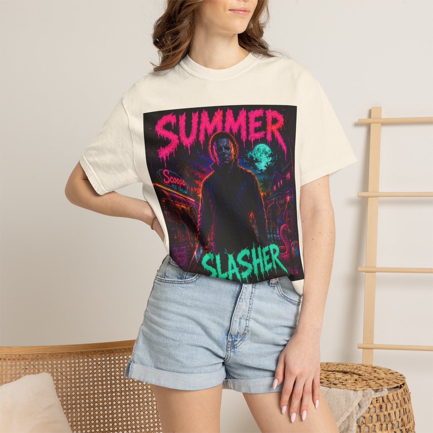 Summer Slasher T-Shirt Michael — Retro Neon Horror Graphic Tee