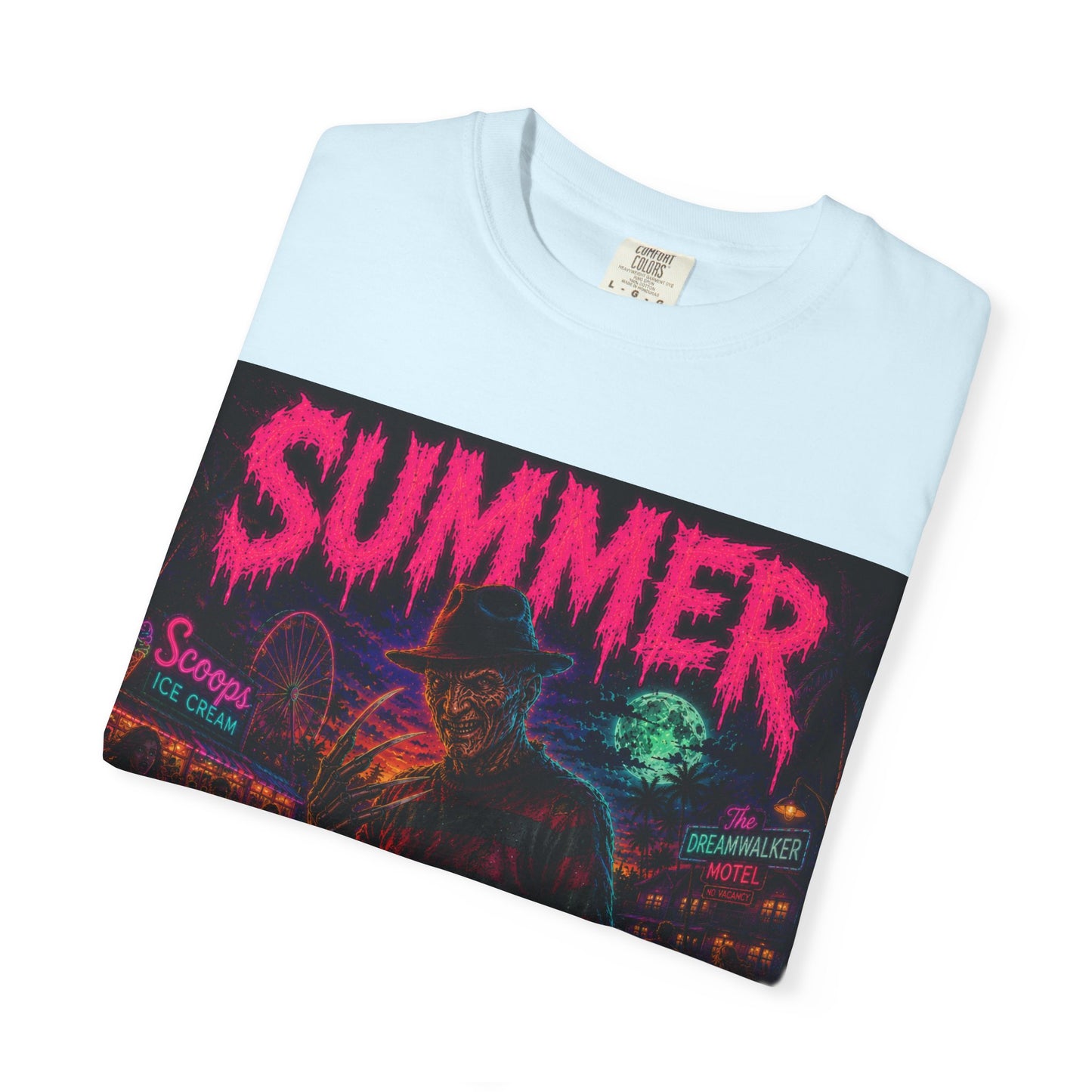 Summer Slasher T-Shirt Freddy — Neon Retro Horror Tee