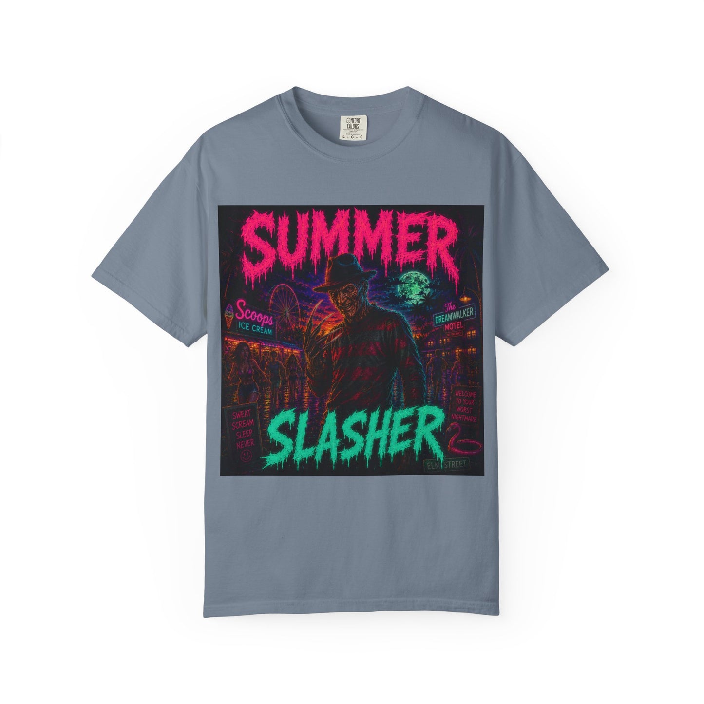 Summer Slasher T-Shirt Freddy — Neon Retro Horror Tee