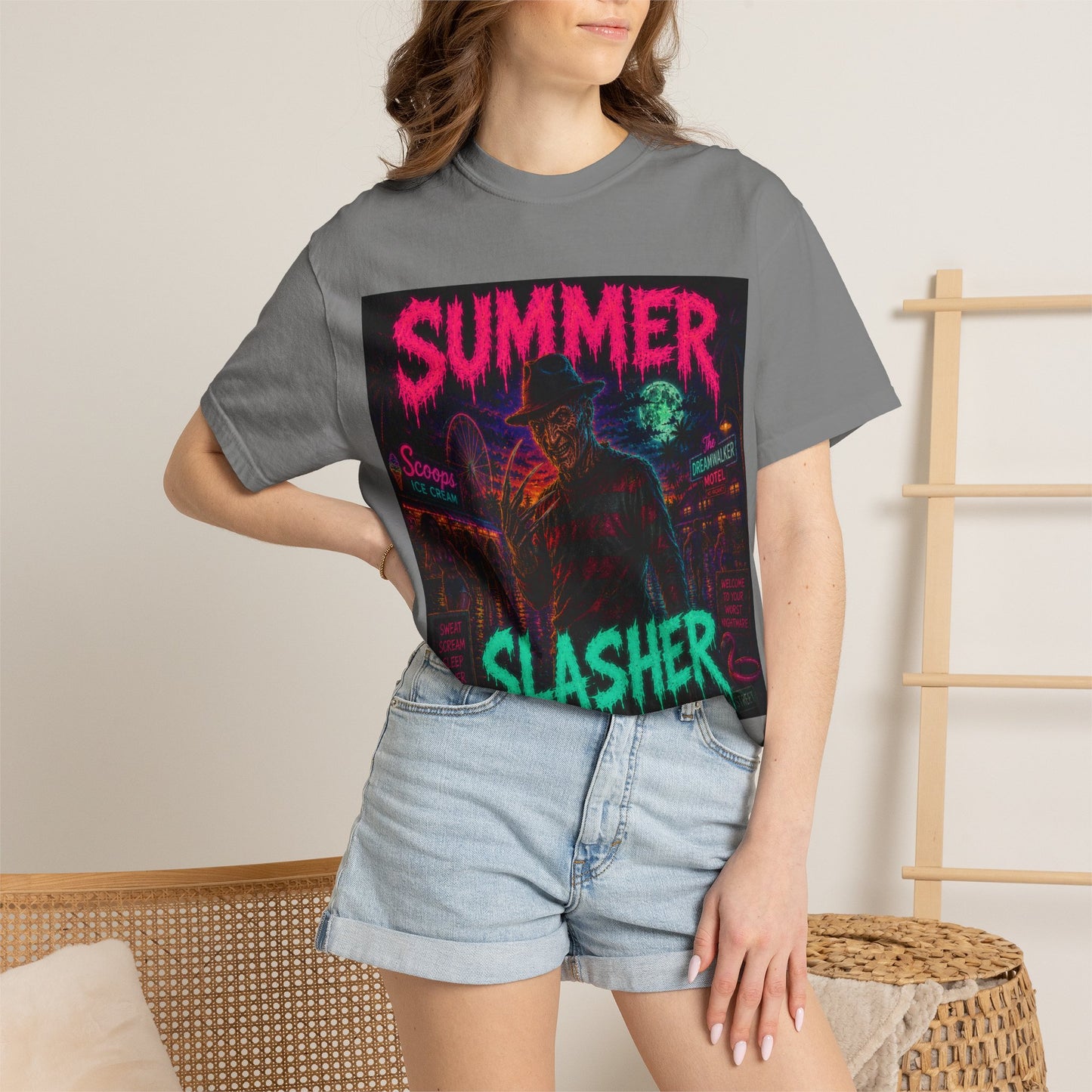 Summer Slasher T-Shirt Freddy — Neon Retro Horror Tee