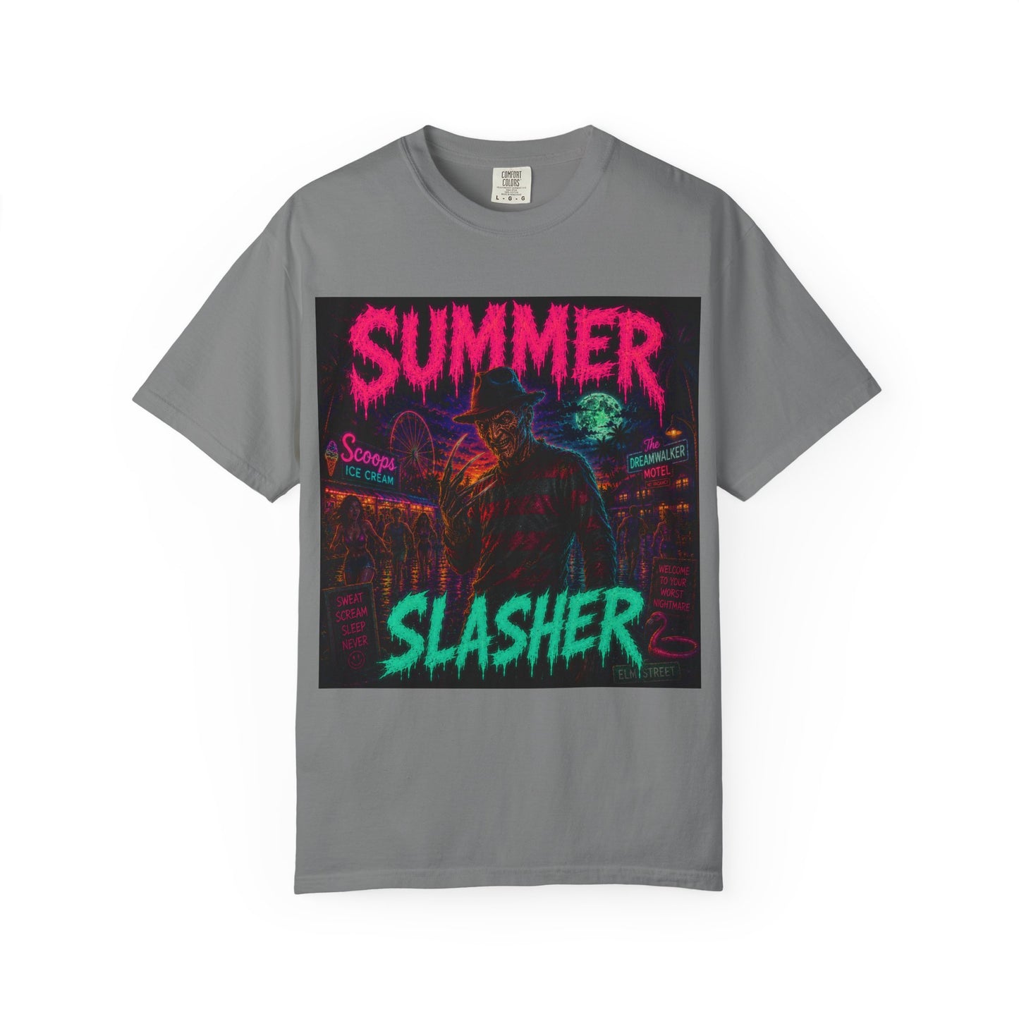 Summer Slasher T-Shirt Freddy — Neon Retro Horror Tee