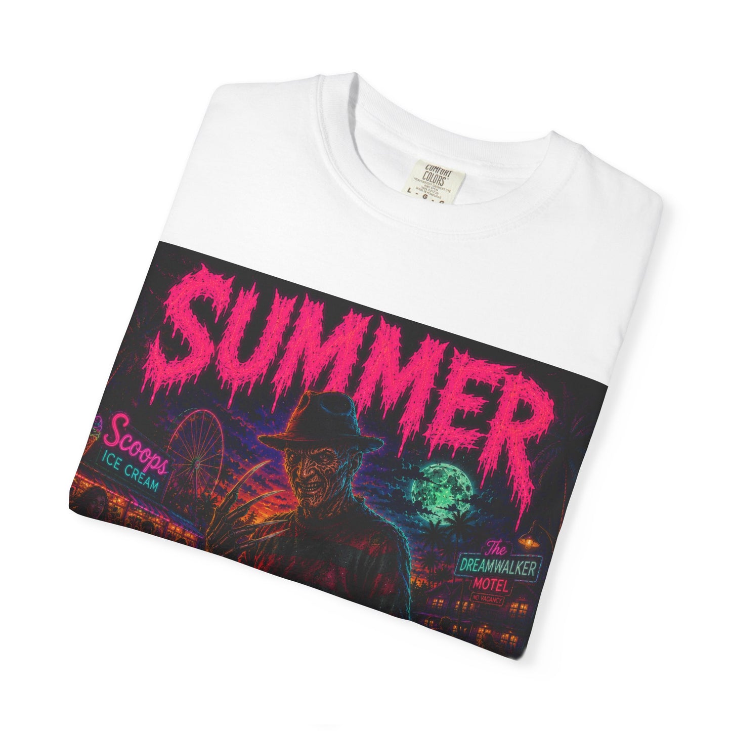 Summer Slasher T-Shirt Freddy — Neon Retro Horror Tee