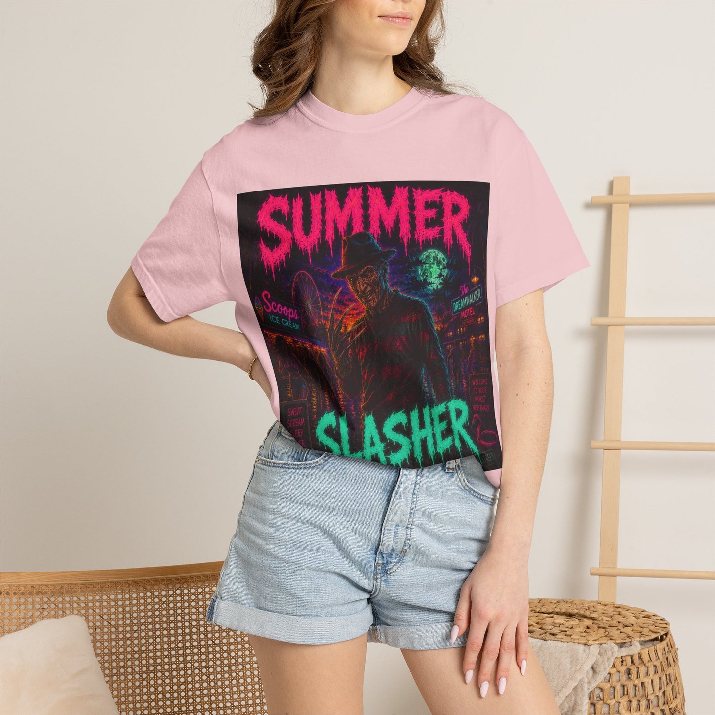 Summer Slasher T-Shirt Freddy — Neon Retro Horror Tee