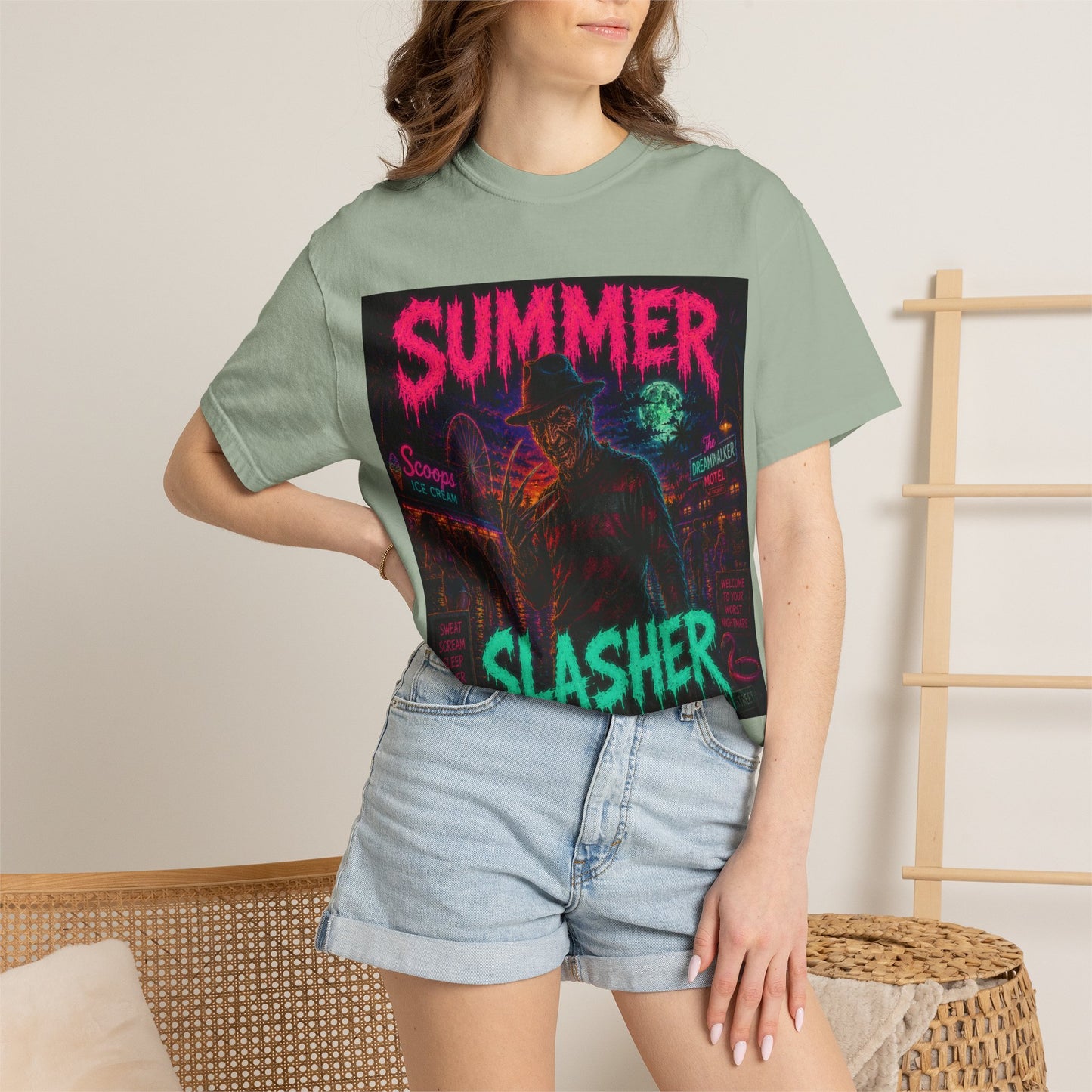 Summer Slasher T-Shirt Freddy — Neon Retro Horror Tee