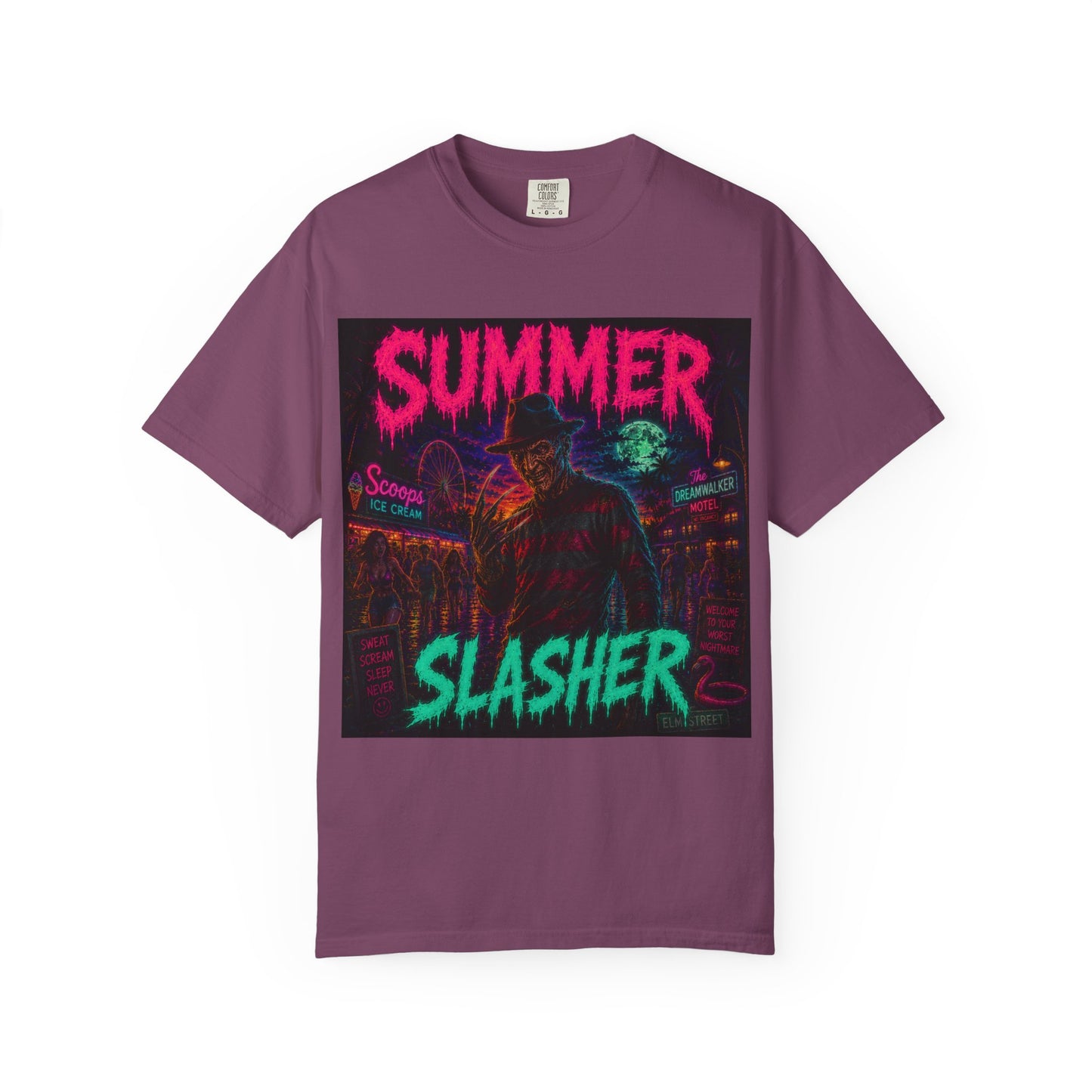 Summer Slasher T-Shirt Freddy — Neon Retro Horror Tee