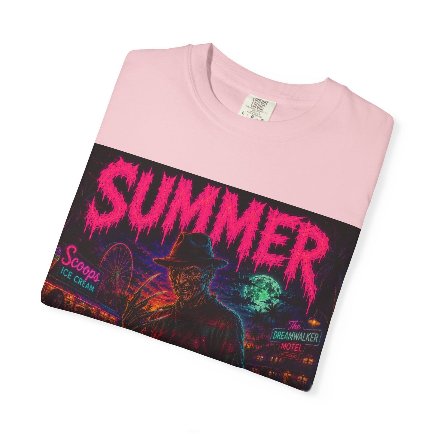 Summer Slasher T-Shirt Freddy — Neon Retro Horror Tee