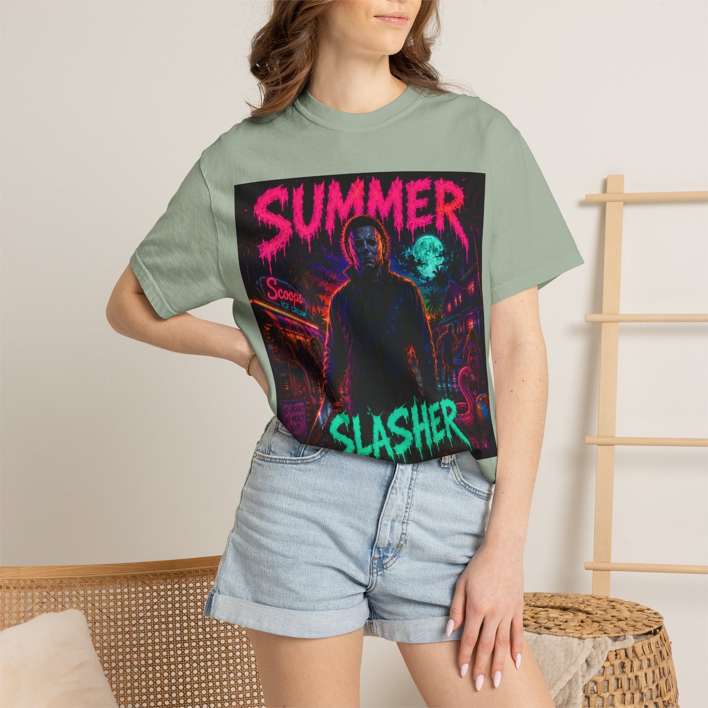 Summer Slasher T-Shirt Michael — Retro Neon Horror Graphic Tee