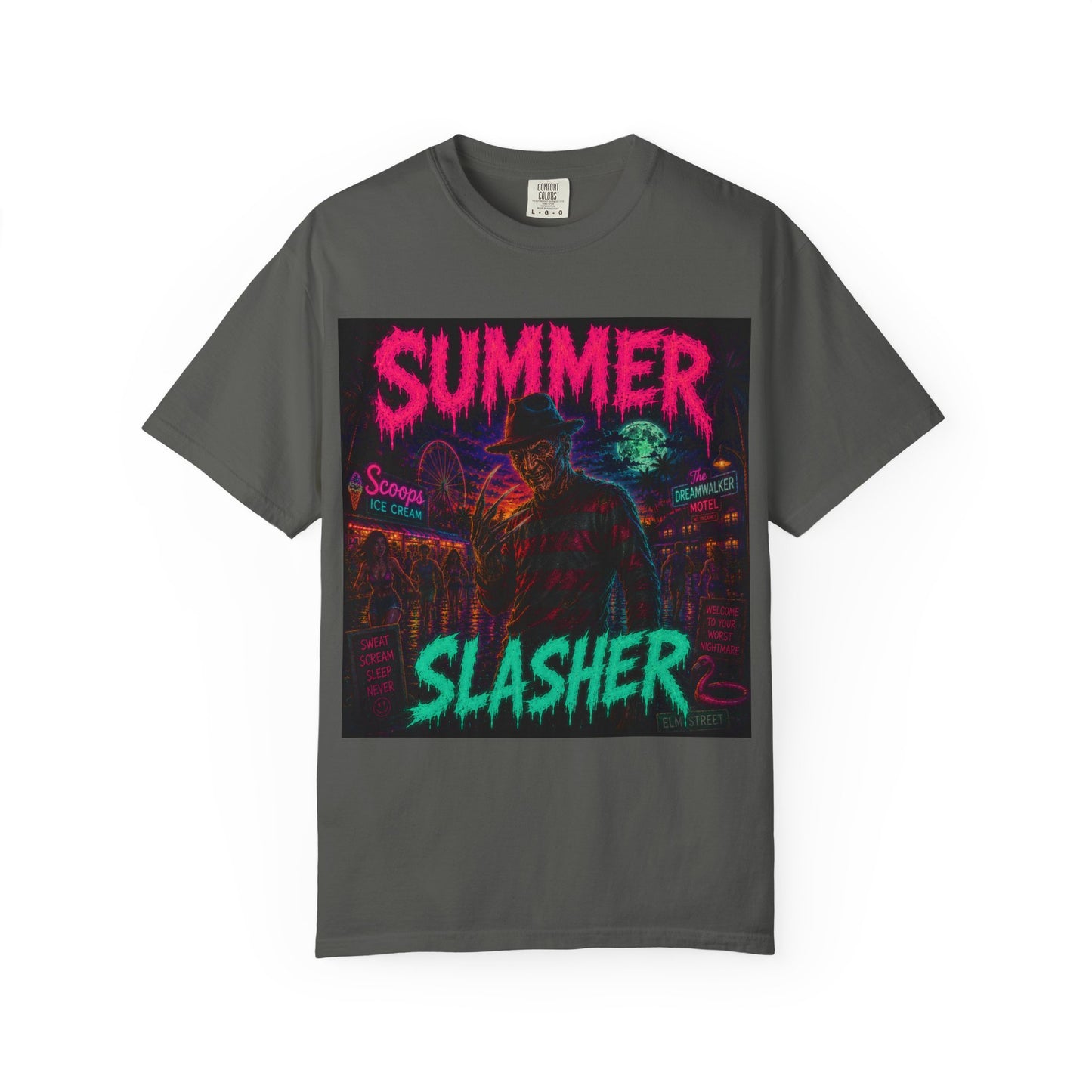 Summer Slasher T-Shirt Freddy — Neon Retro Horror Tee
