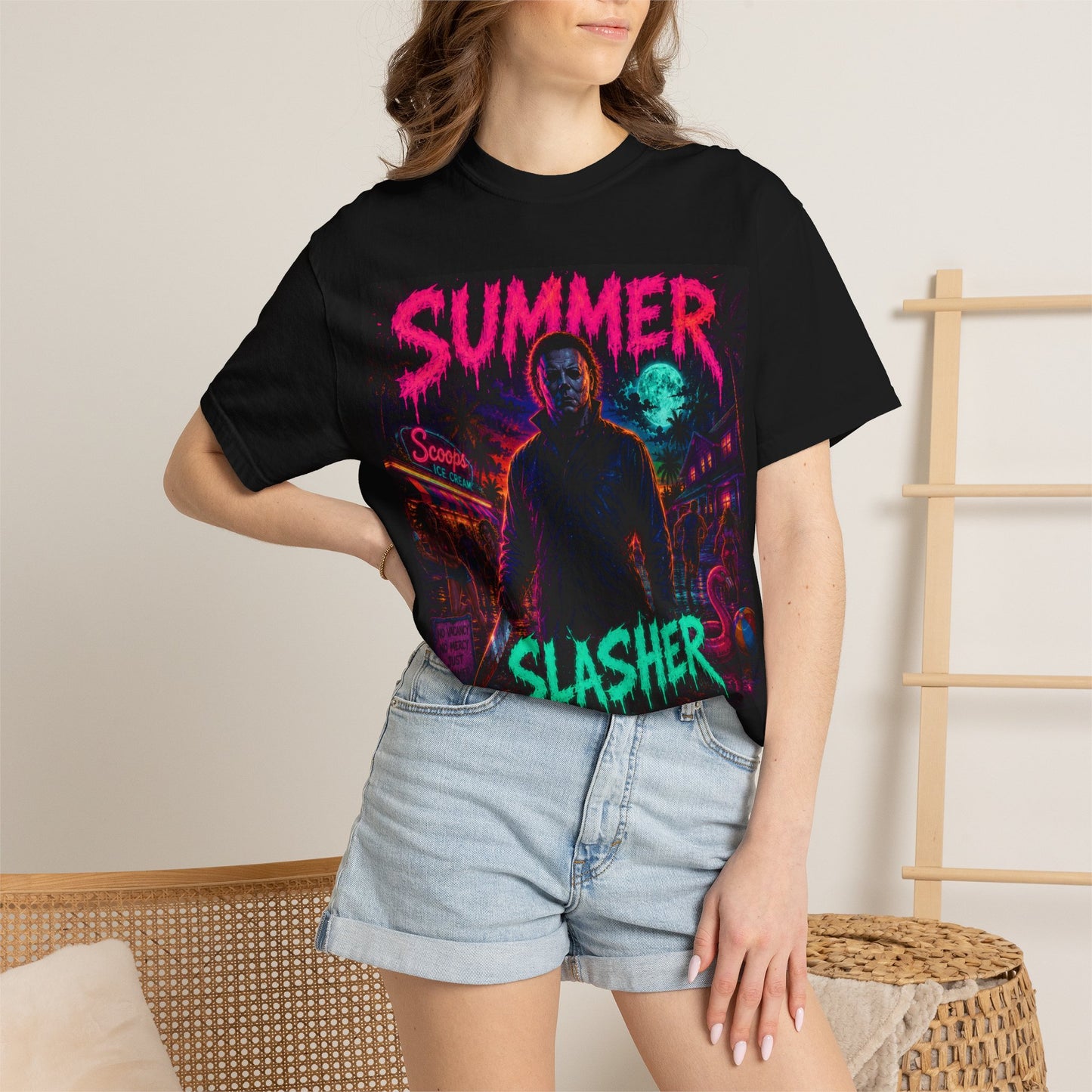 Summer Slasher T-Shirt Michael — Retro Neon Horror Graphic Tee