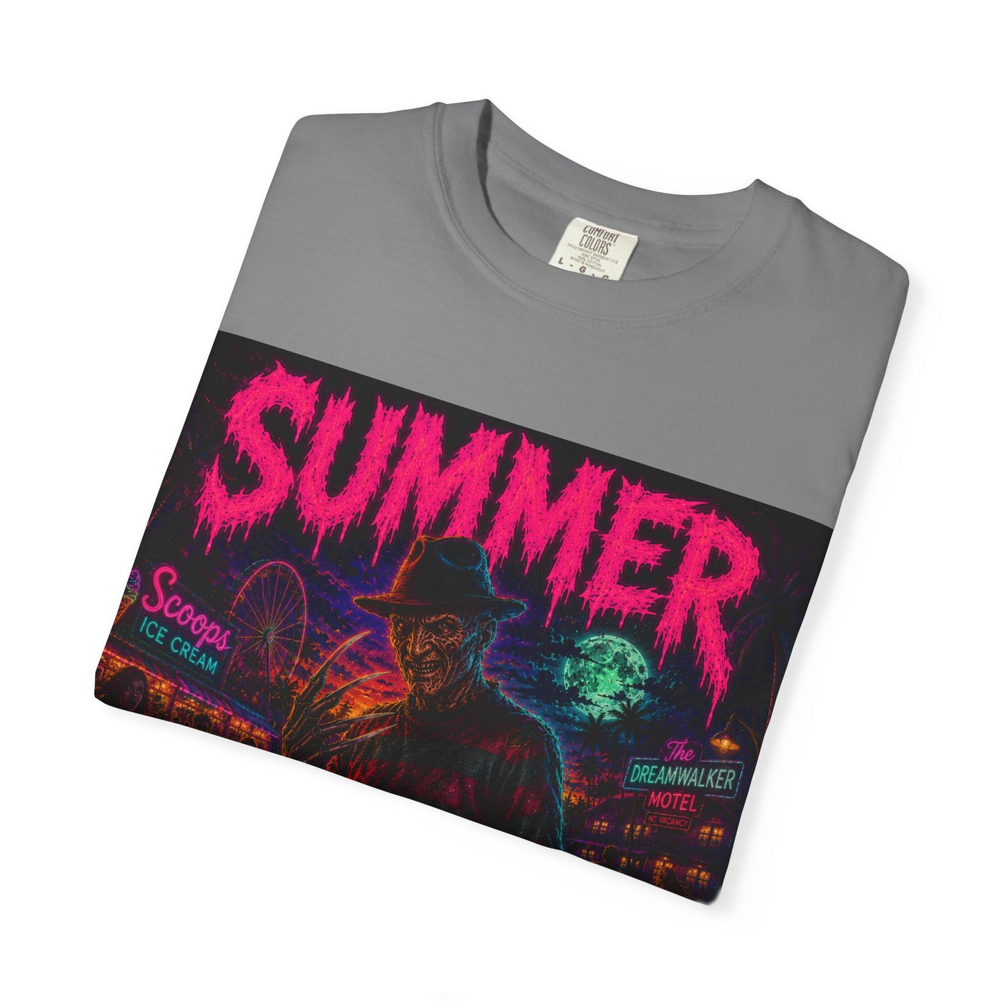 Summer Slasher T-Shirt Freddy — Neon Retro Horror Tee