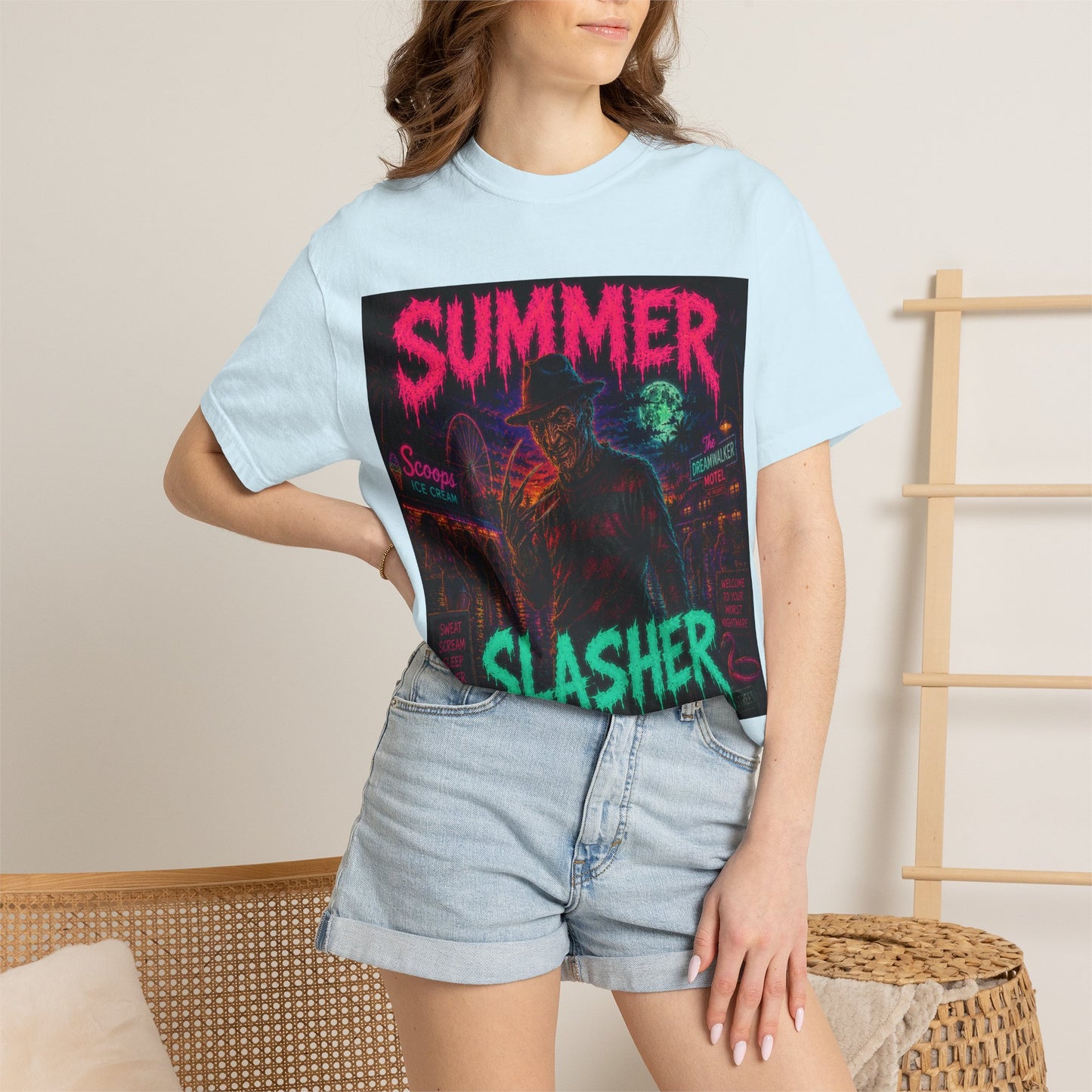 Summer Slasher T-Shirt Freddy — Neon Retro Horror Tee