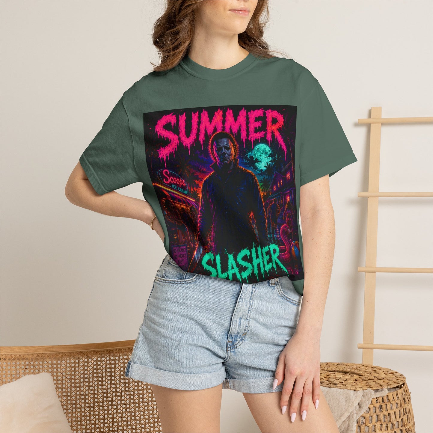 Summer Slasher T-Shirt Michael — Retro Neon Horror Graphic Tee