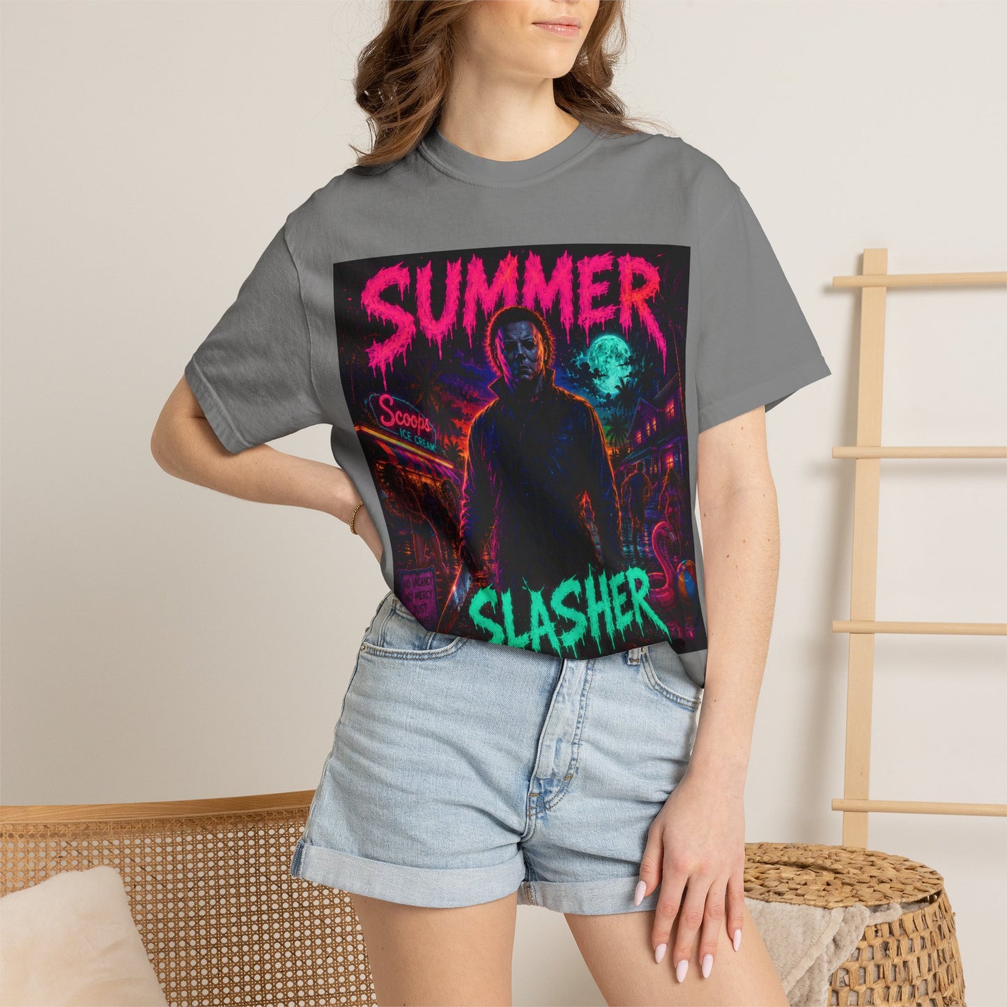 Summer Slasher T-Shirt Michael — Retro Neon Horror Graphic Tee