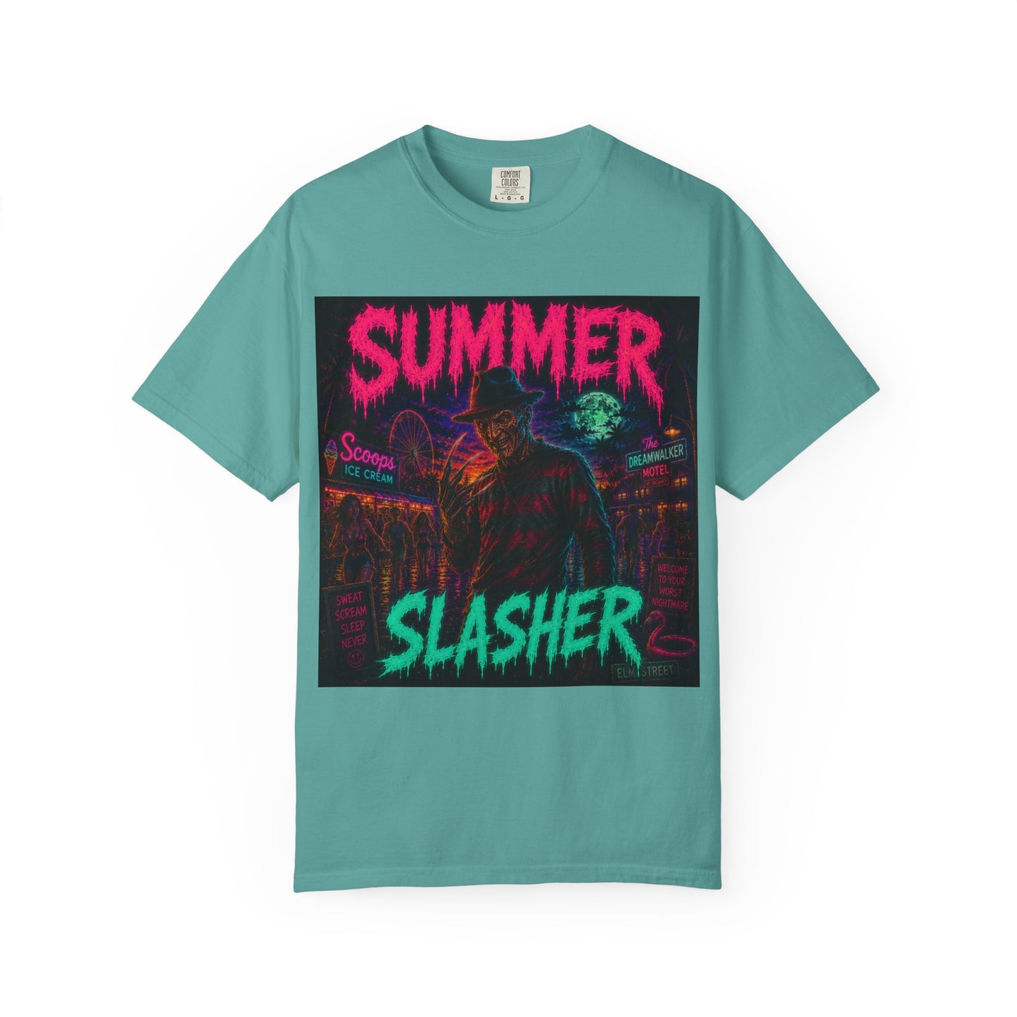 Summer Slasher T-Shirt Freddy — Neon Retro Horror Tee