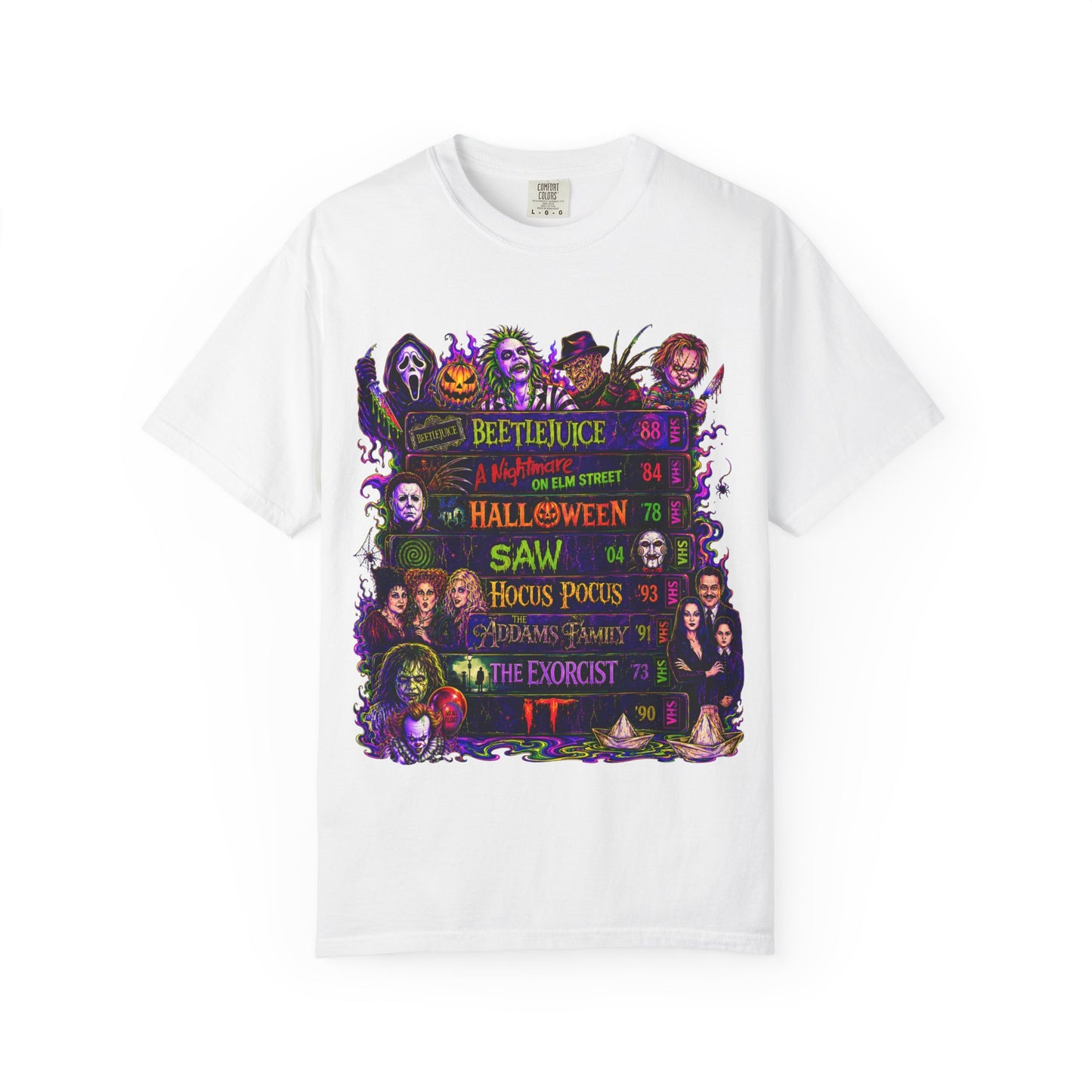 Halloween Horror Movies T-Shirt — Classic Scary Film Collage (Beetlejuice, Hocus Pocus, IT, Halloween)