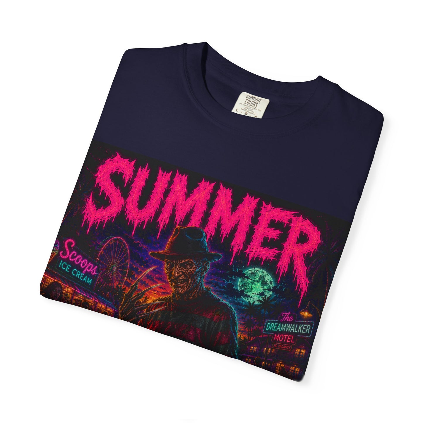 Summer Slasher T-Shirt Freddy — Neon Retro Horror Tee