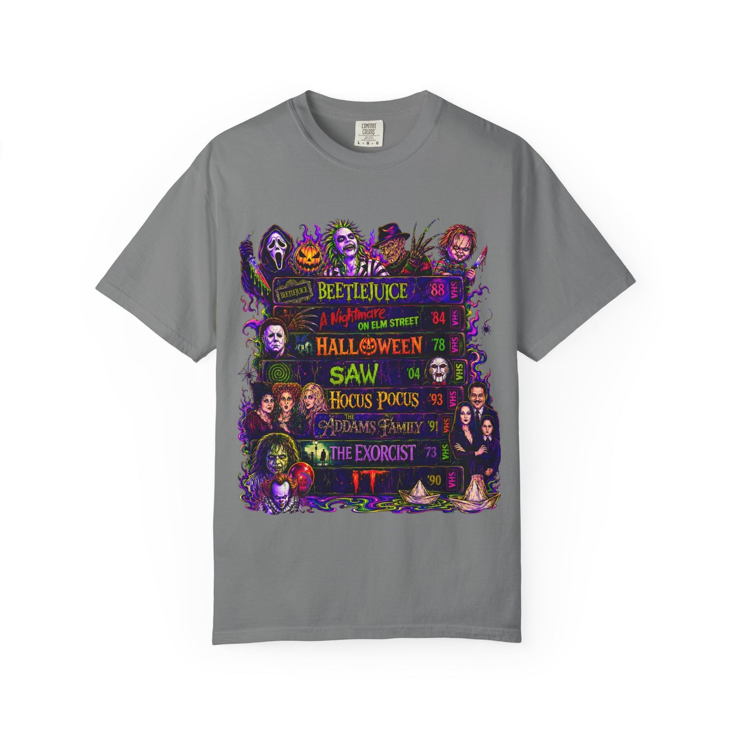 Halloween Horror Movies T-Shirt — Classic Scary Film Collage (Beetlejuice, Hocus Pocus, IT, Halloween)