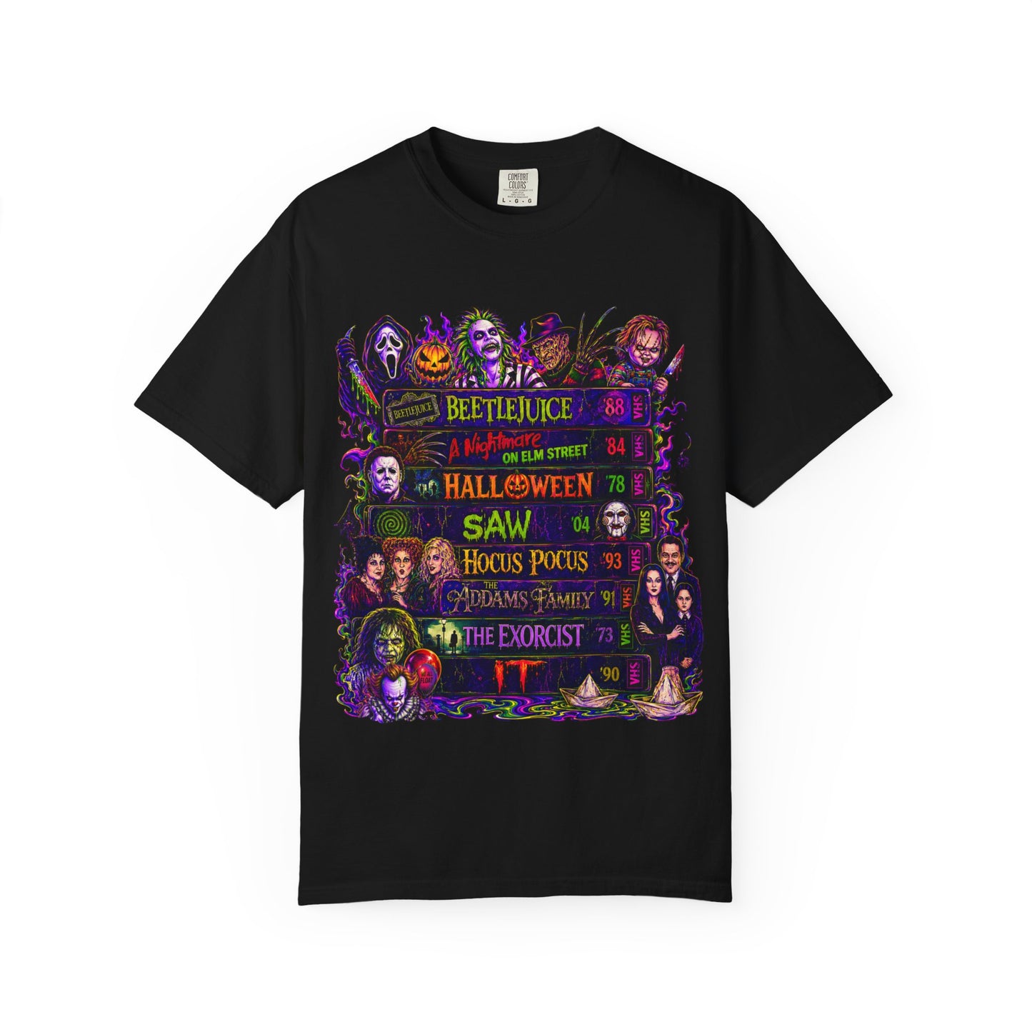 Halloween Horror Movies T-Shirt — Classic Scary Film Collage (Beetlejuice, Hocus Pocus, IT, Halloween)
