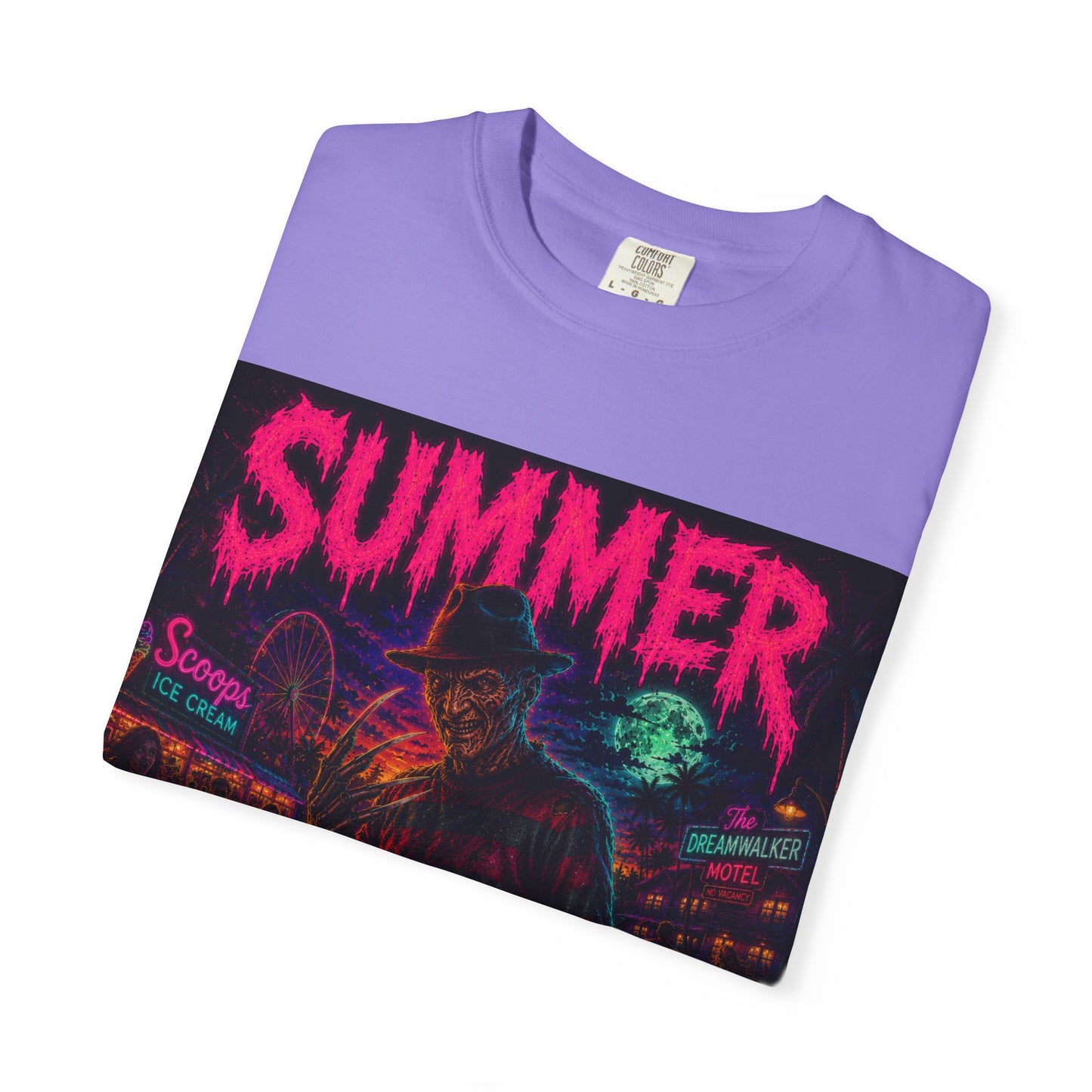 Summer Slasher T-Shirt Freddy — Neon Retro Horror Tee