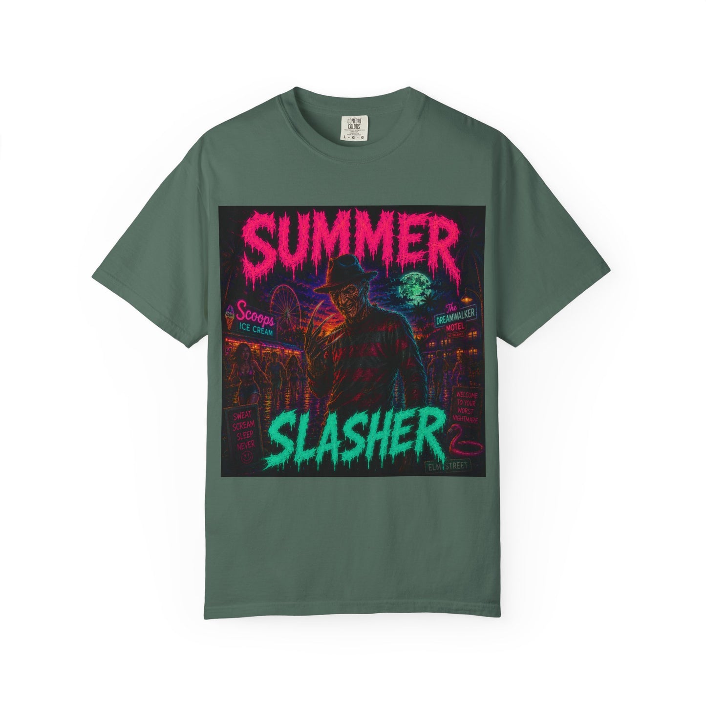 Summer Slasher T-Shirt Freddy — Neon Retro Horror Tee