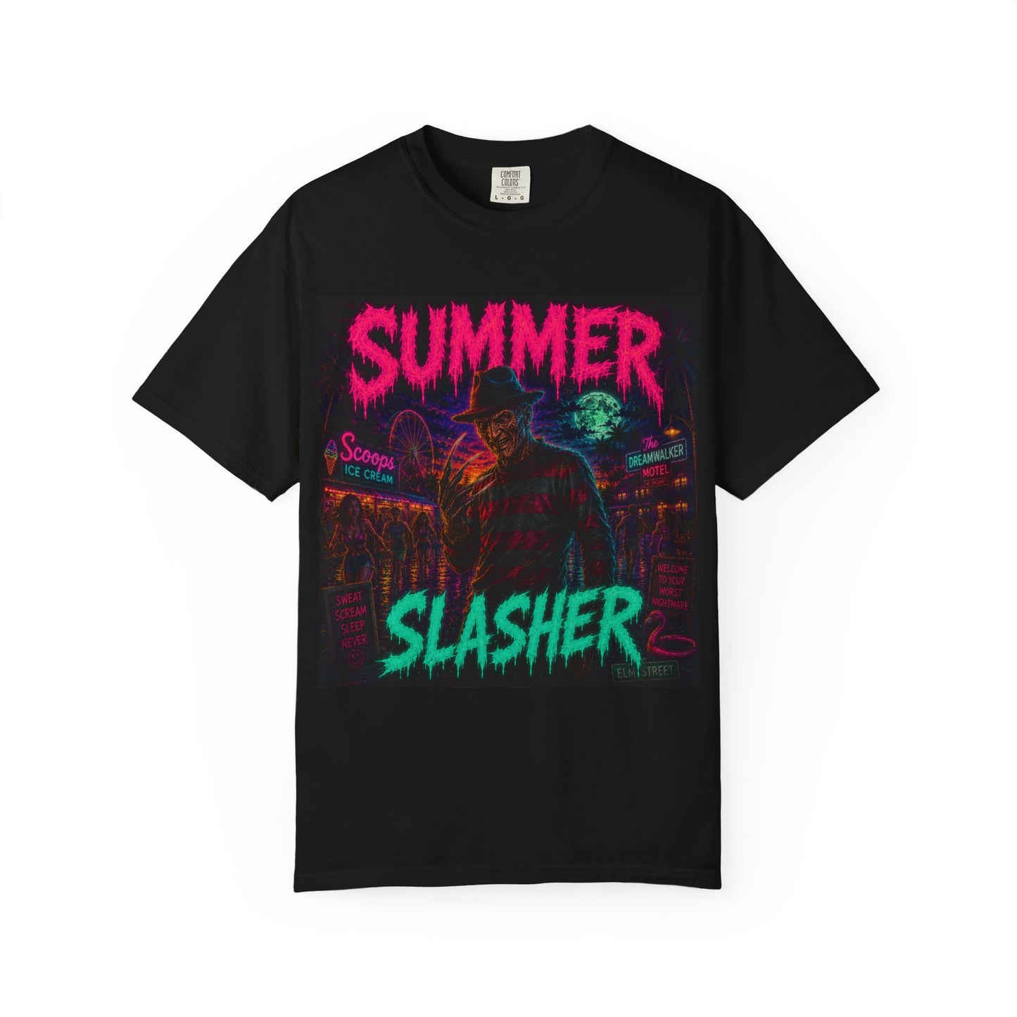 Summer Slasher T-Shirt Freddy — Neon Retro Horror Tee