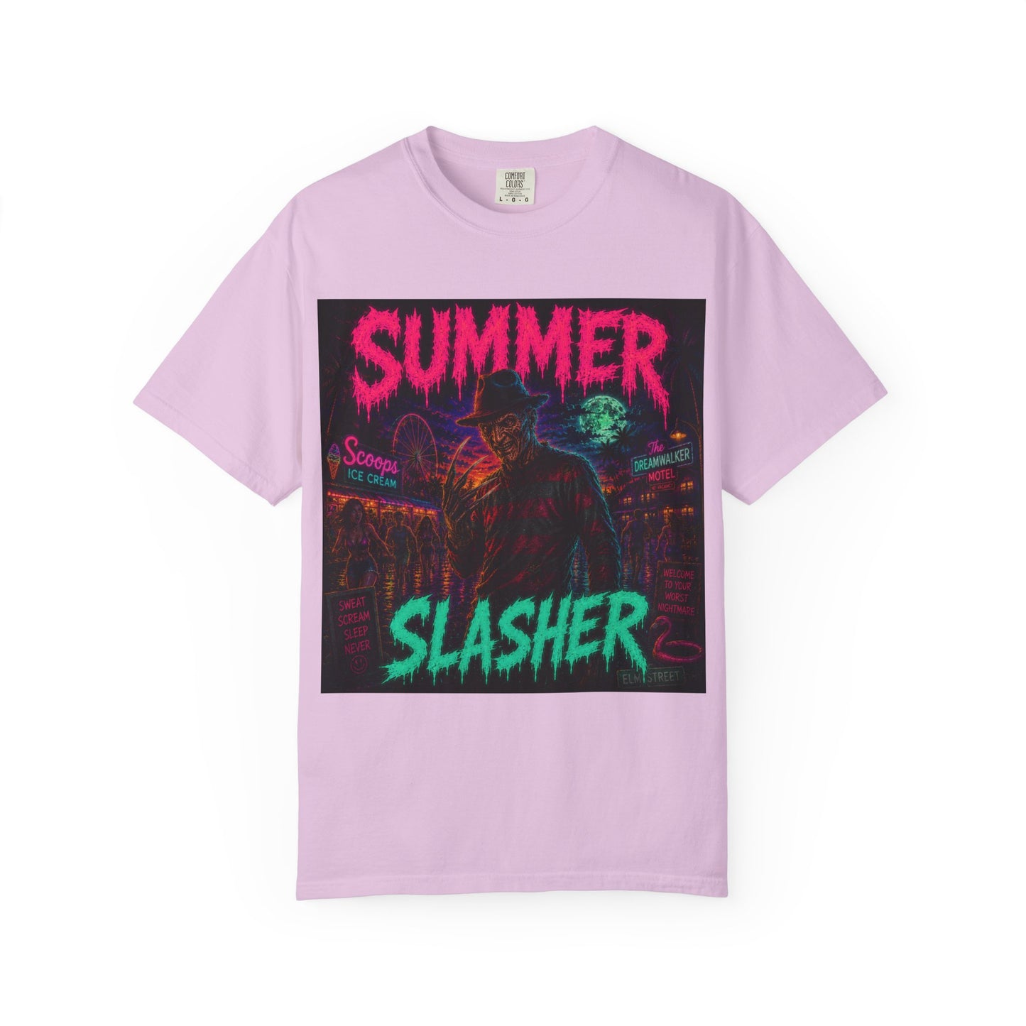 Summer Slasher T-Shirt Freddy — Neon Retro Horror Tee