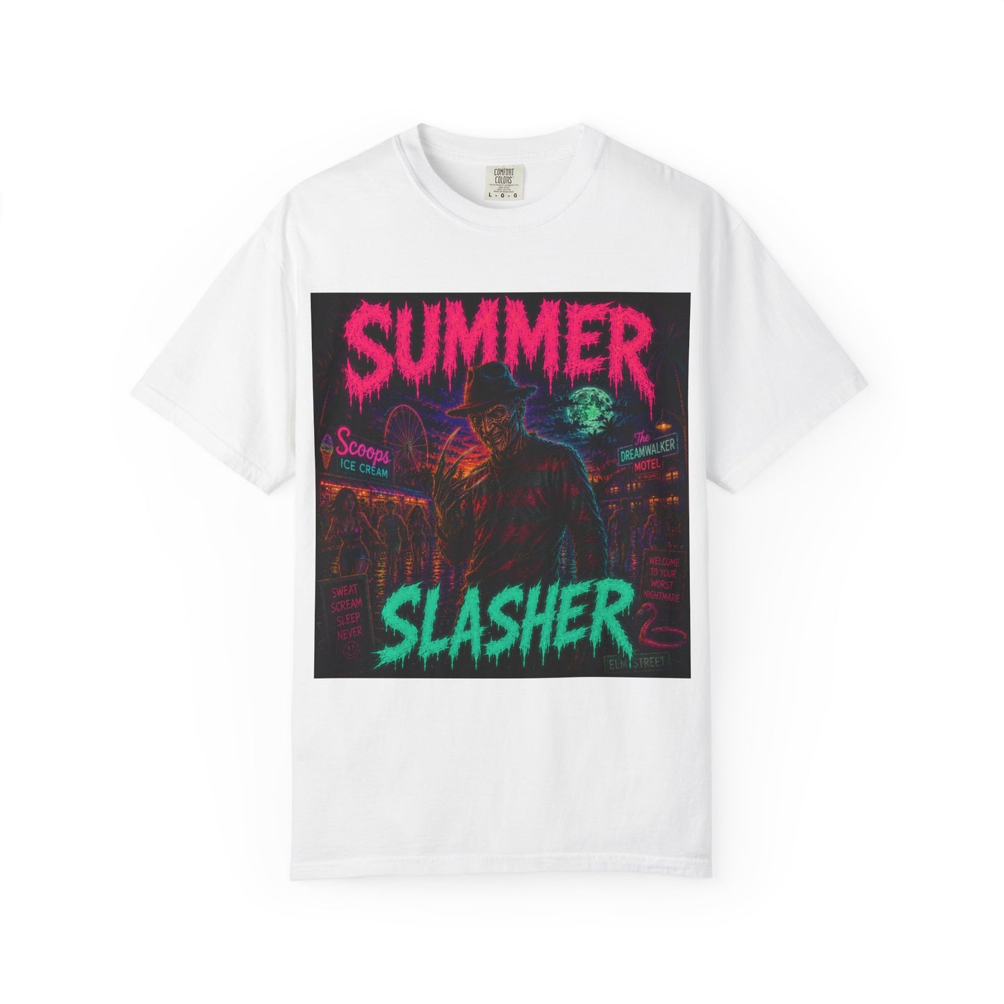 Summer Slasher T-Shirt Freddy — Neon Retro Horror Tee