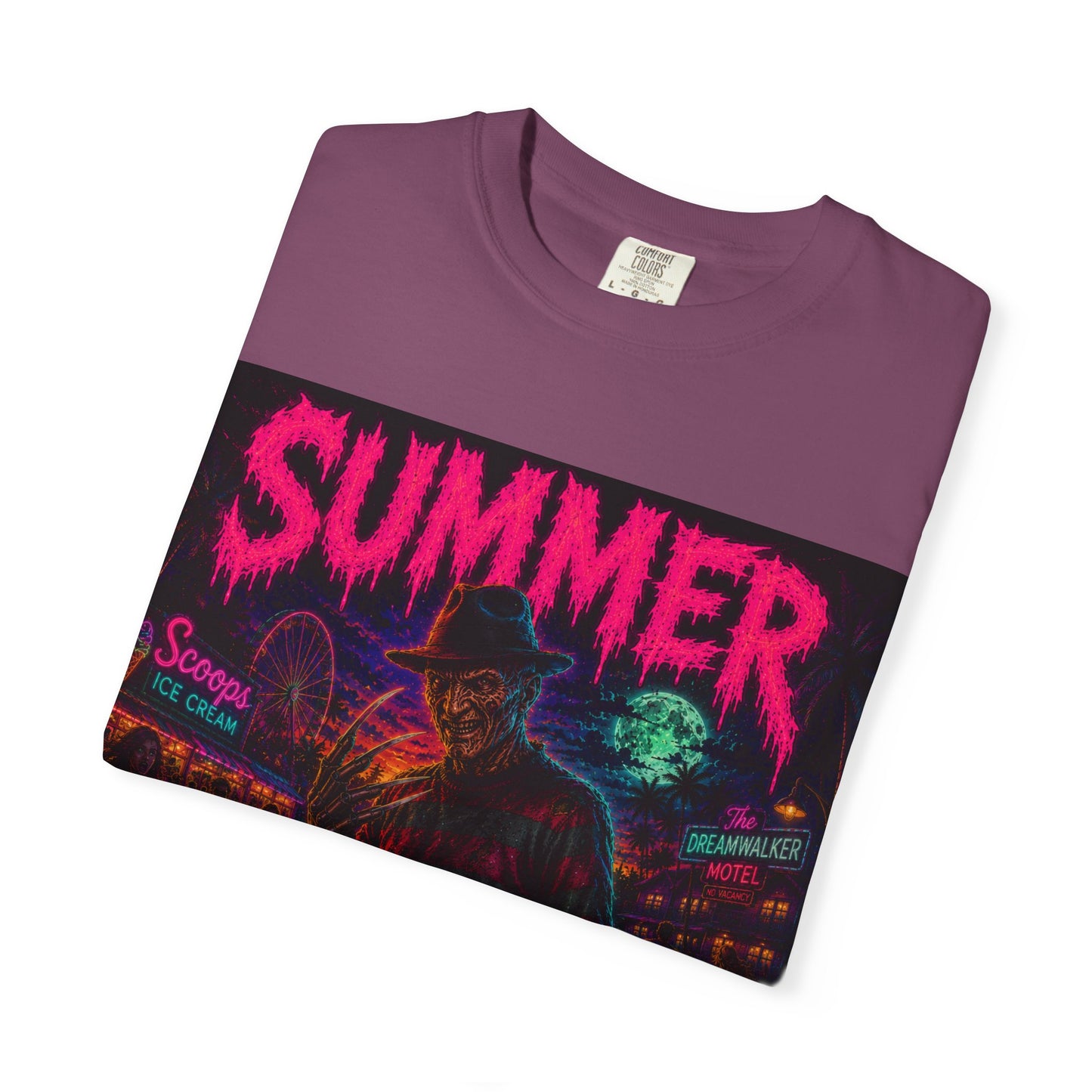 Summer Slasher T-Shirt Freddy — Neon Retro Horror Tee