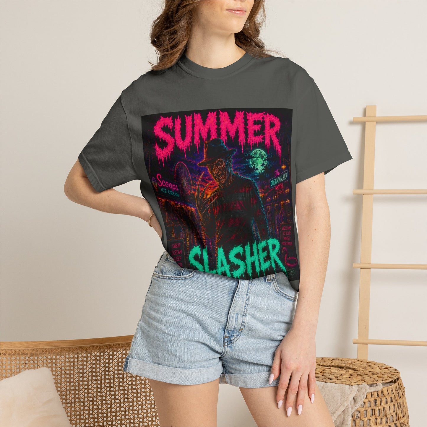 Summer Slasher T-Shirt Freddy — Neon Retro Horror Tee
