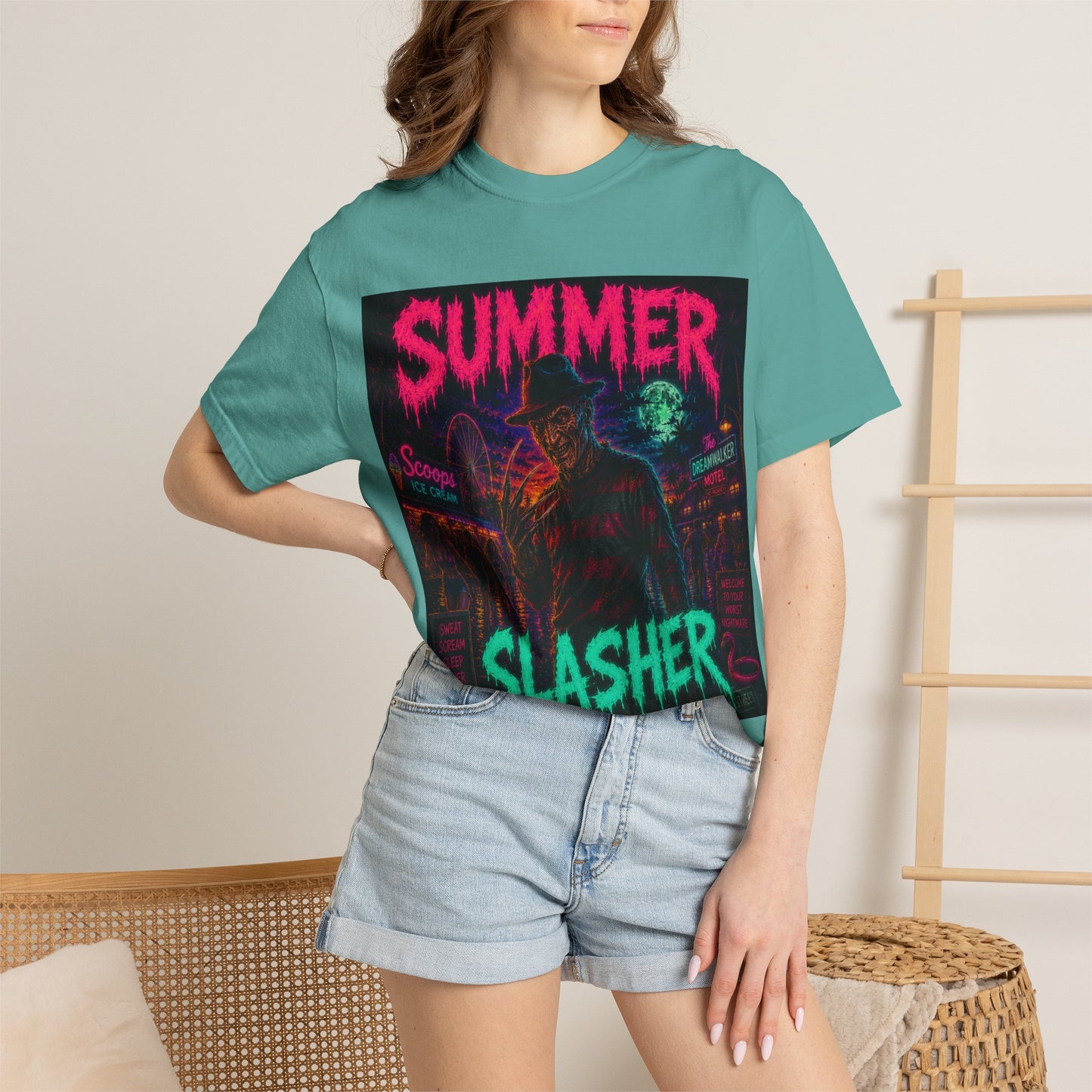 Summer Slasher T-Shirt Freddy — Neon Retro Horror Tee