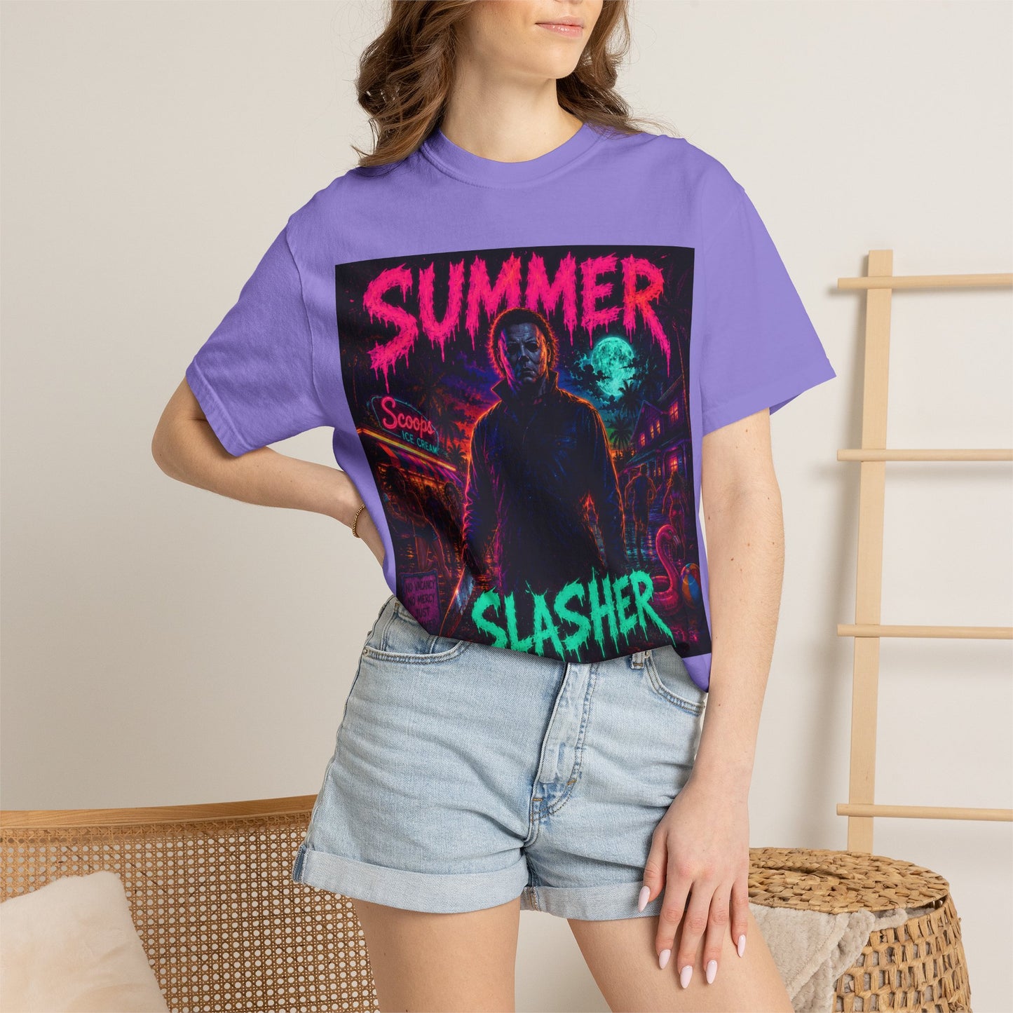 Summer Slasher T-Shirt Michael — Retro Neon Horror Graphic Tee