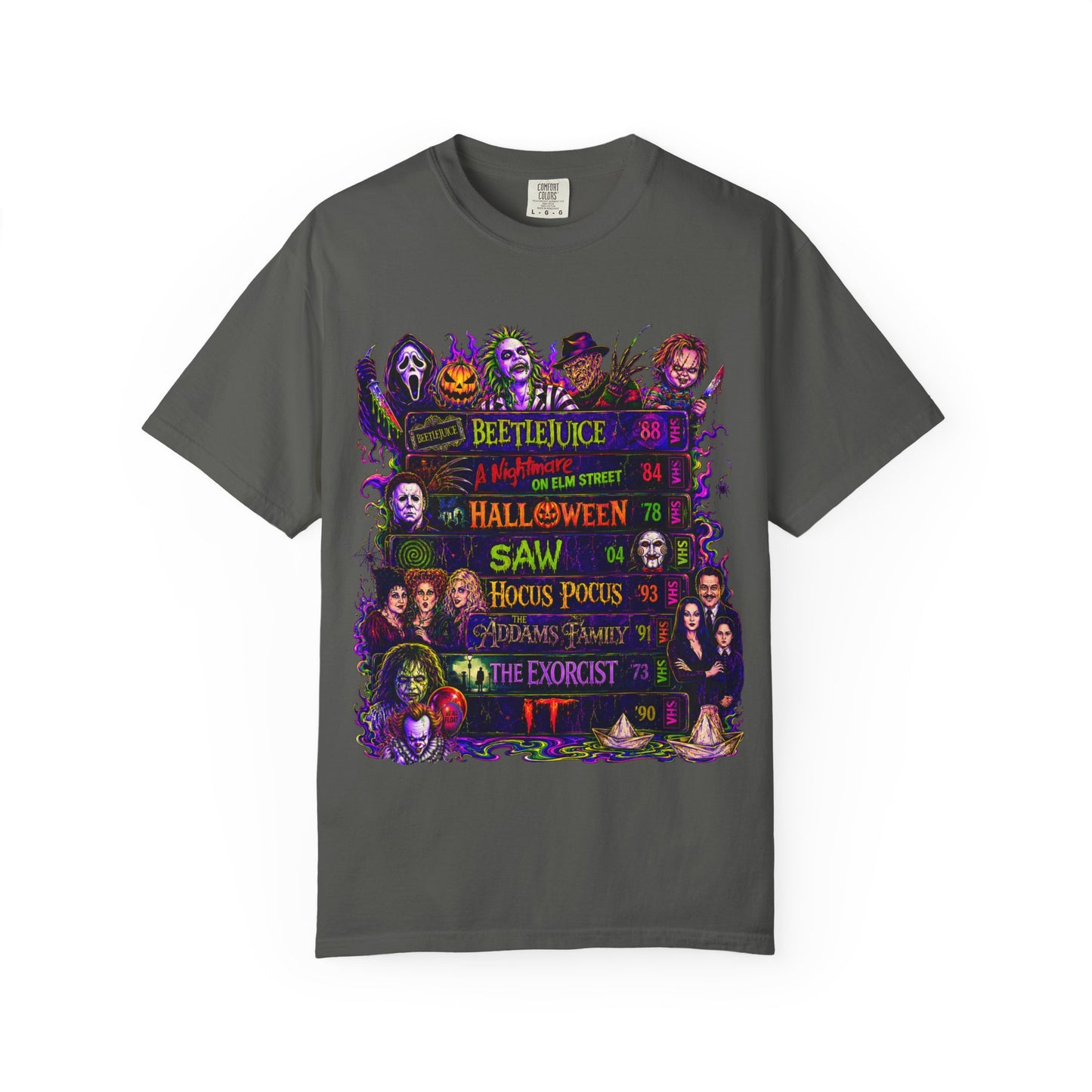 Halloween Horror Movies T-Shirt — Classic Scary Film Collage (Beetlejuice, Hocus Pocus, IT, Halloween)