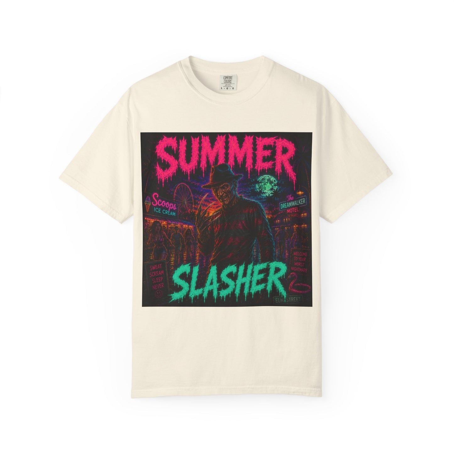 Summer Slasher T-Shirt Freddy — Neon Retro Horror Tee