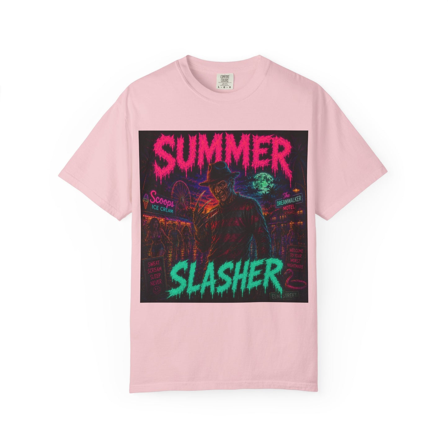 Summer Slasher T-Shirt Freddy — Neon Retro Horror Tee