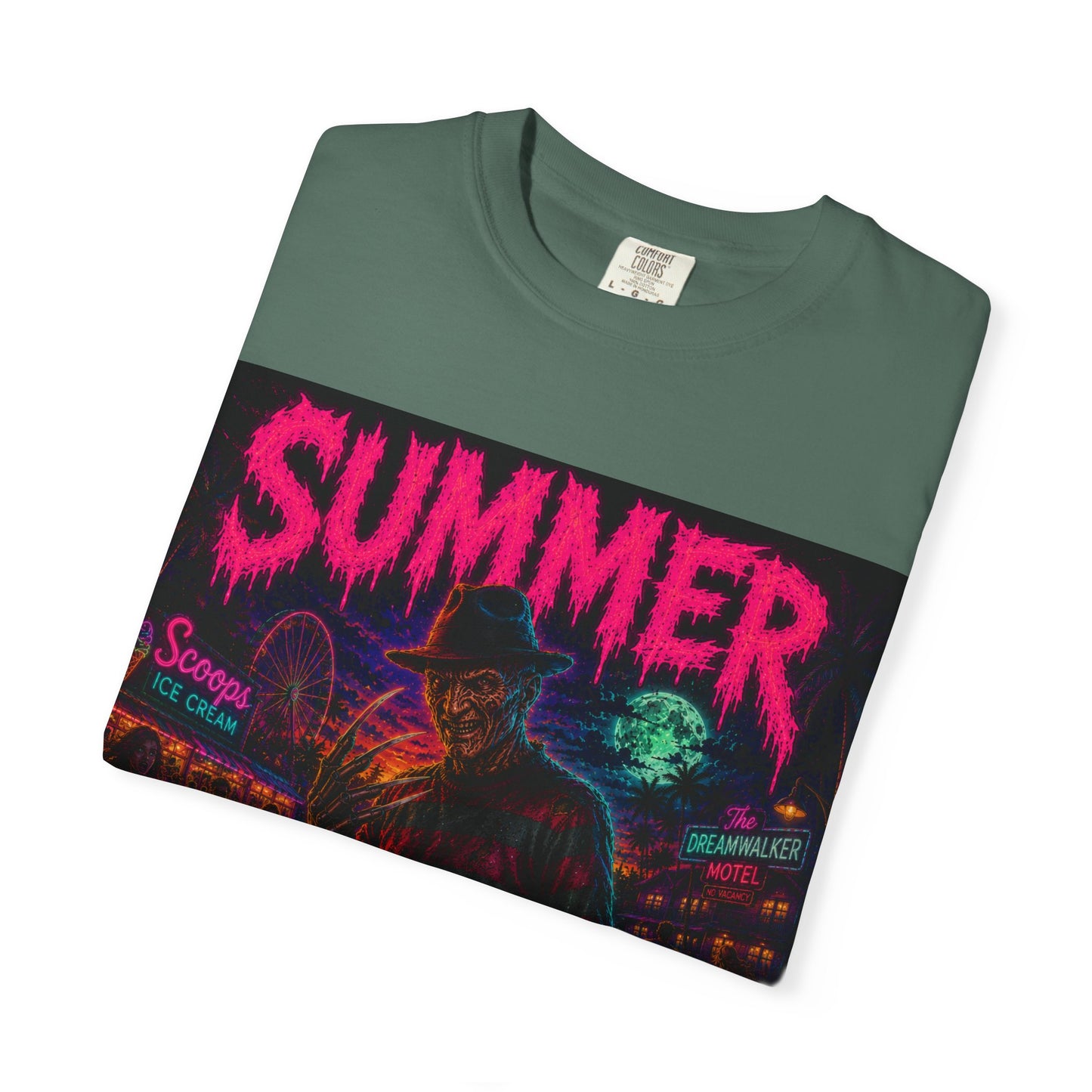 Summer Slasher T-Shirt Freddy — Neon Retro Horror Tee