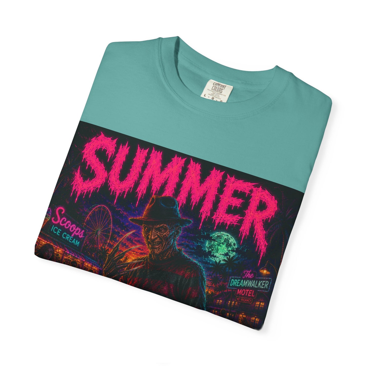 Summer Slasher T-Shirt Freddy — Neon Retro Horror Tee
