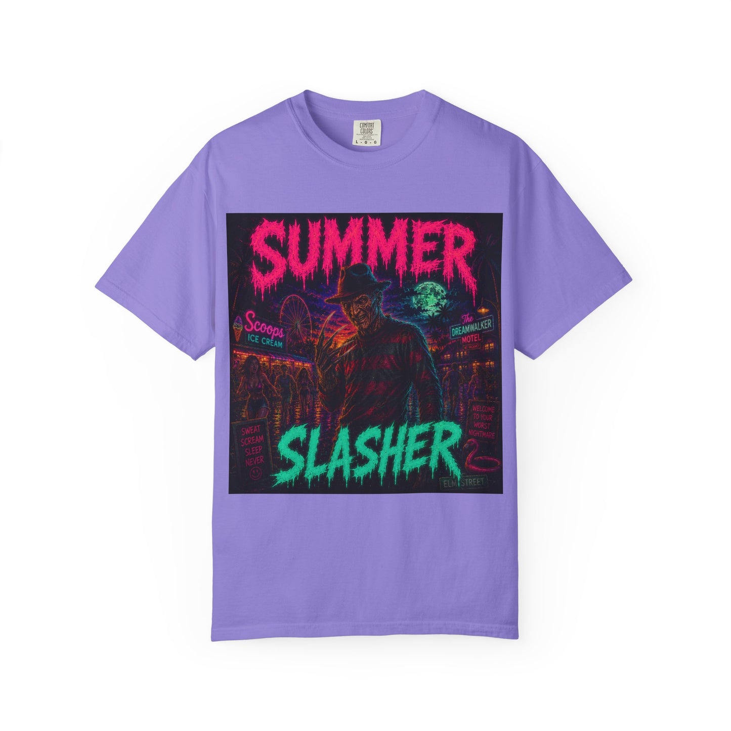 Summer Slasher T-Shirt Freddy — Neon Retro Horror Tee