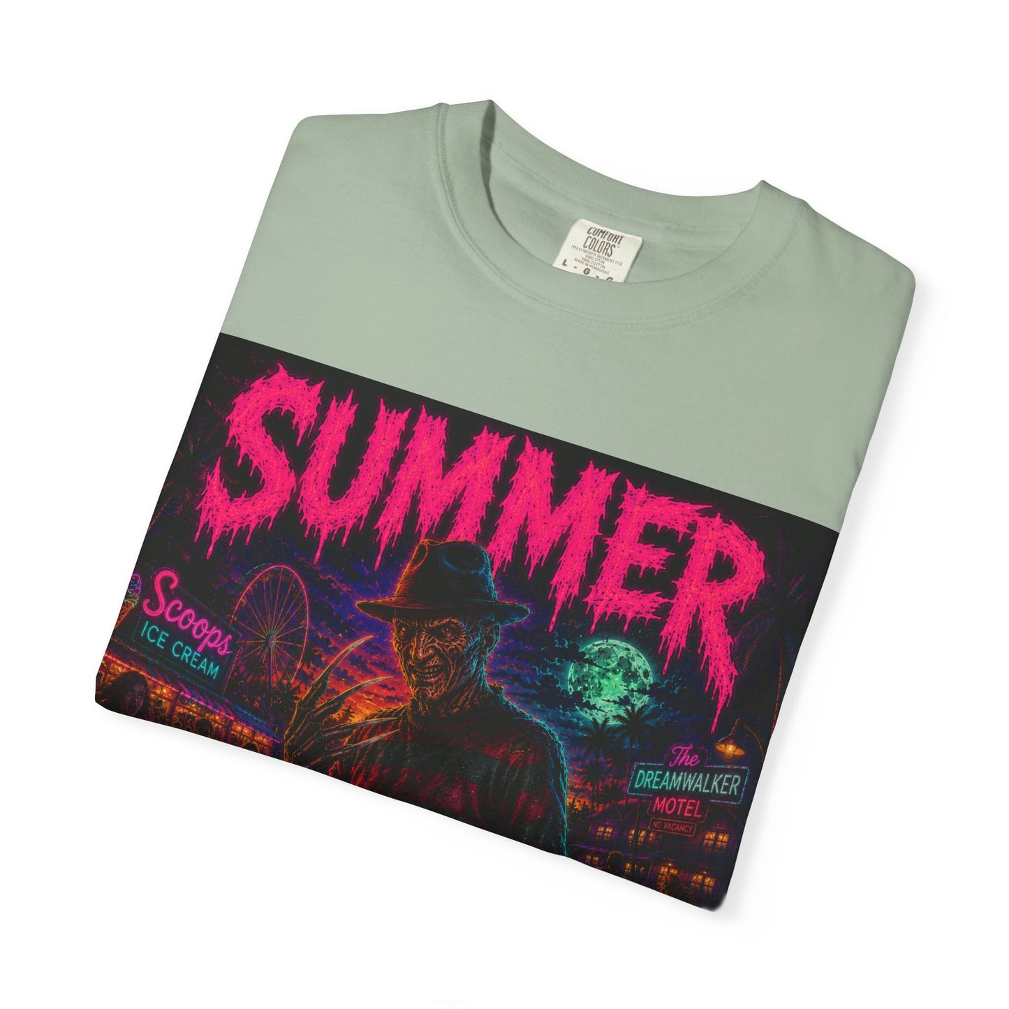 Summer Slasher T-Shirt Freddy — Neon Retro Horror Tee