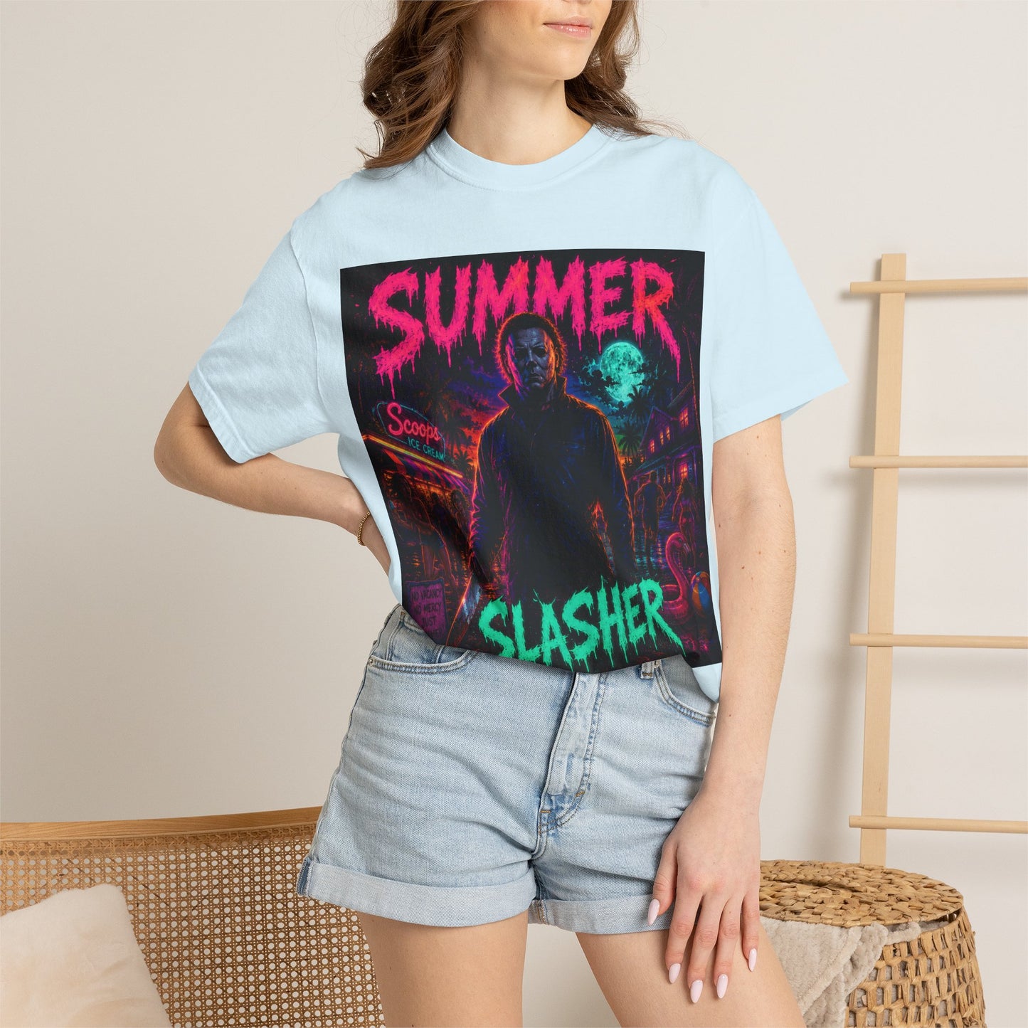 Summer Slasher T-Shirt Michael — Retro Neon Horror Graphic Tee