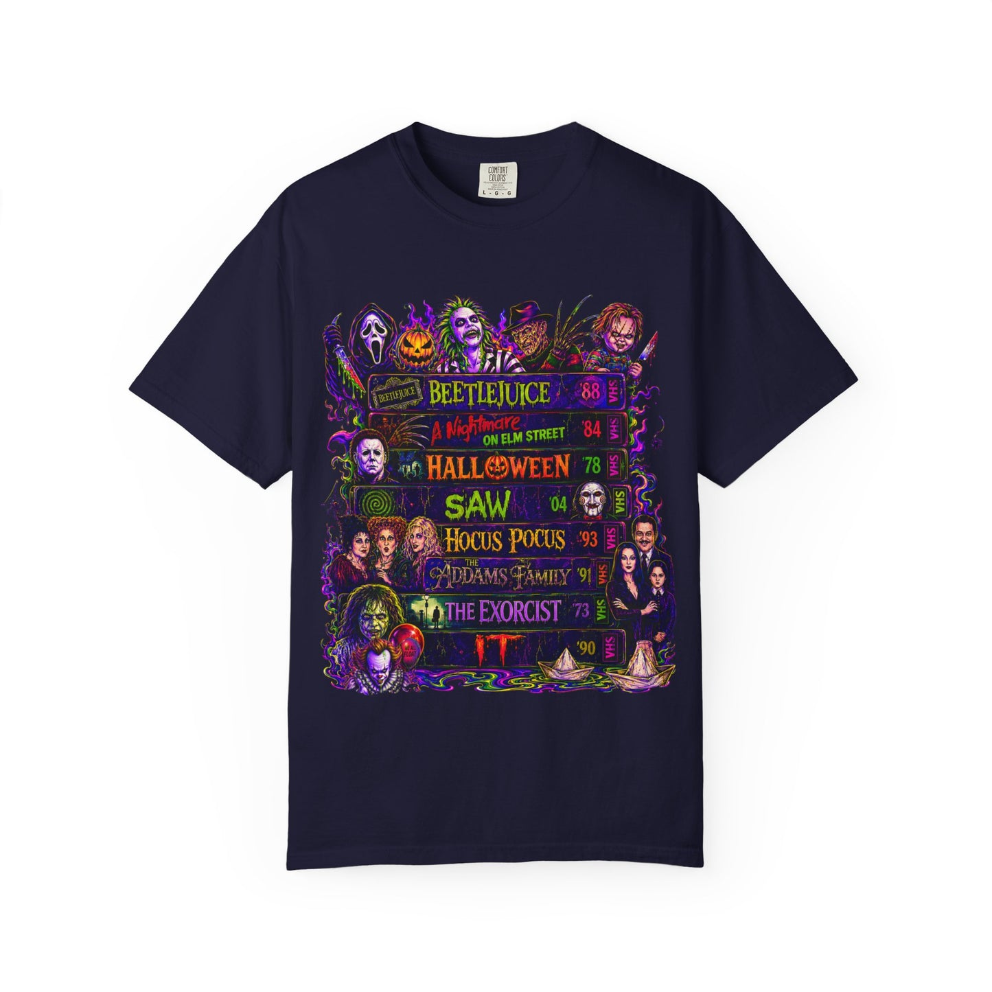 Halloween Horror Movies T-Shirt — Classic Scary Film Collage (Beetlejuice, Hocus Pocus, IT, Halloween)