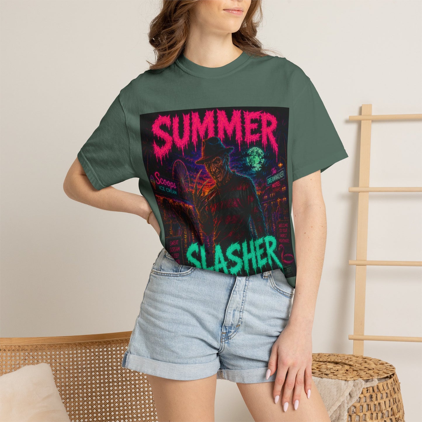 Summer Slasher T-Shirt Freddy — Neon Retro Horror Tee