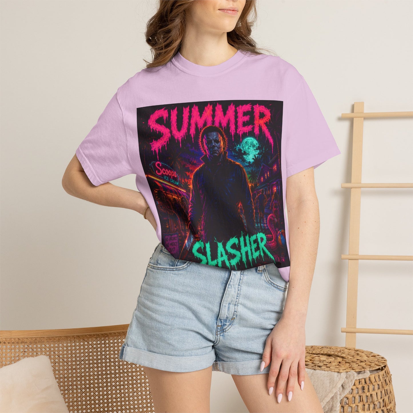 Summer Slasher T-Shirt Michael — Retro Neon Horror Graphic Tee