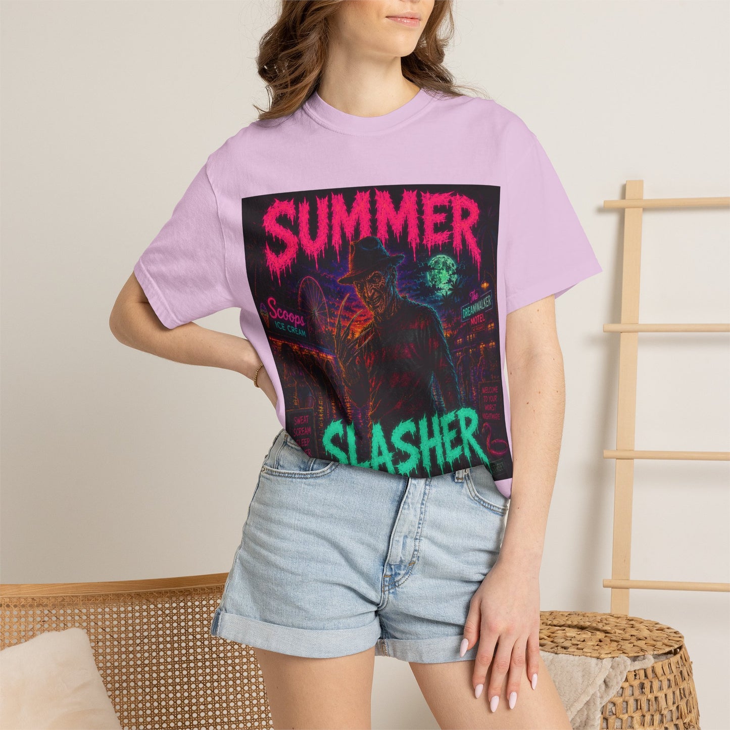 Summer Slasher T-Shirt Freddy — Neon Retro Horror Tee