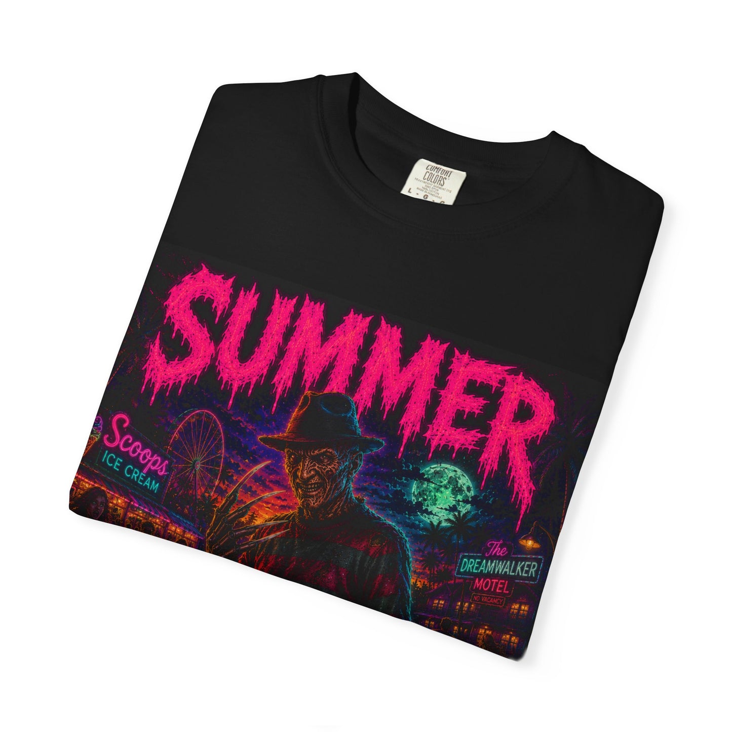 Summer Slasher T-Shirt Freddy — Neon Retro Horror Tee