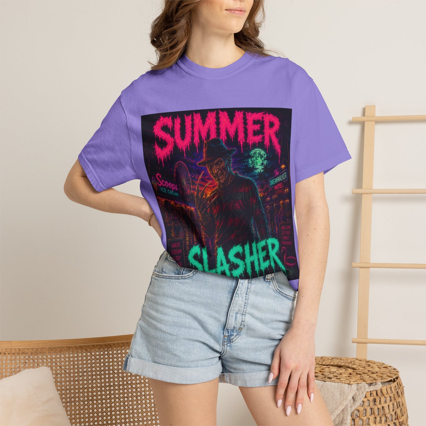 Summer Slasher T-Shirt Freddy — Neon Retro Horror Tee