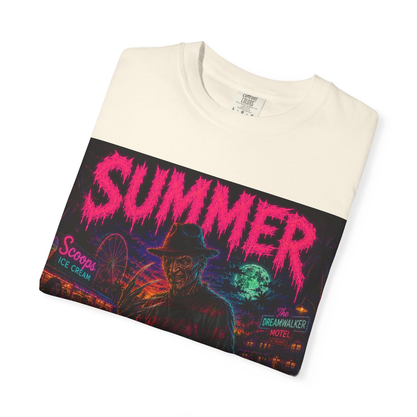 Summer Slasher T-Shirt Freddy — Neon Retro Horror Tee