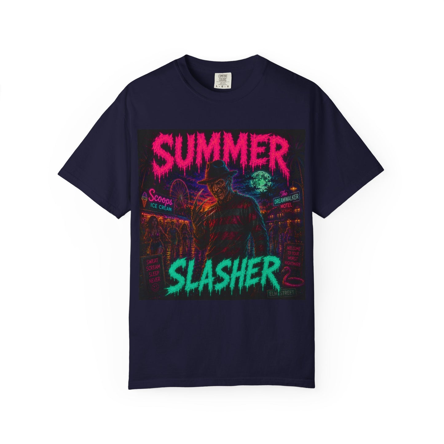 Summer Slasher T-Shirt Freddy — Neon Retro Horror Tee